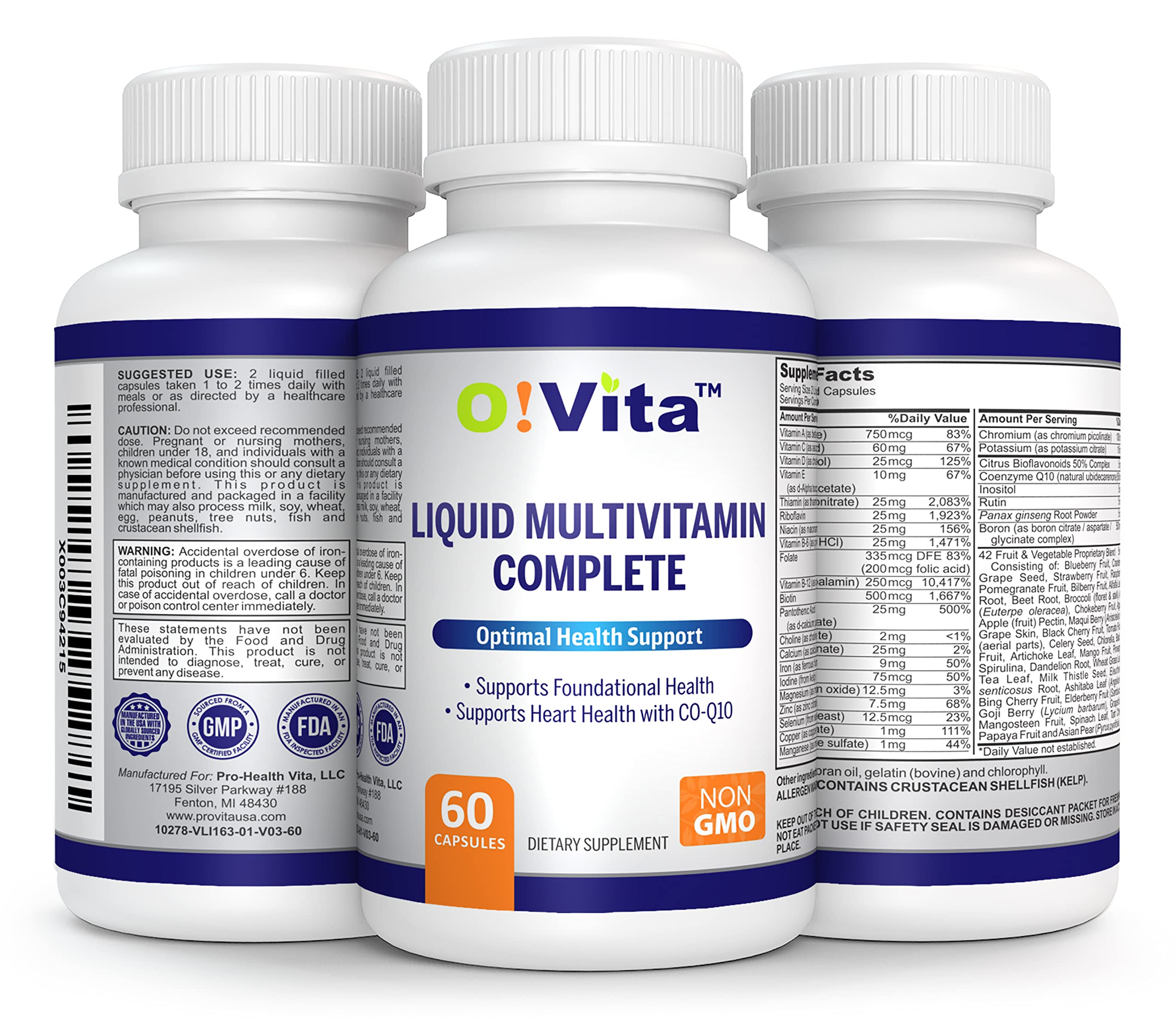 O!VITA Liquid Multivitamin Complete, with a Full Spectrum of Vitamins and Minerals, Plus 42 Fruits and Vegetable Proprietary Blend, Easy Absorption (60 Vegan Liquid Filled Capsules) O!VITABuy Supplements Australia