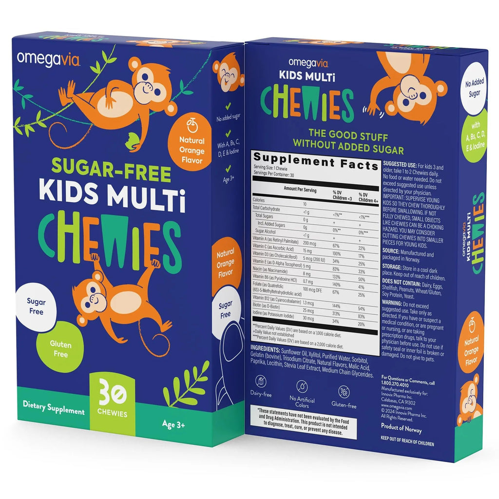 OmegaVia Sugar Free Kids Multivitamin Chewies - Daily Chewable Gummy Vitamins for Kids 3+ OmegaVia