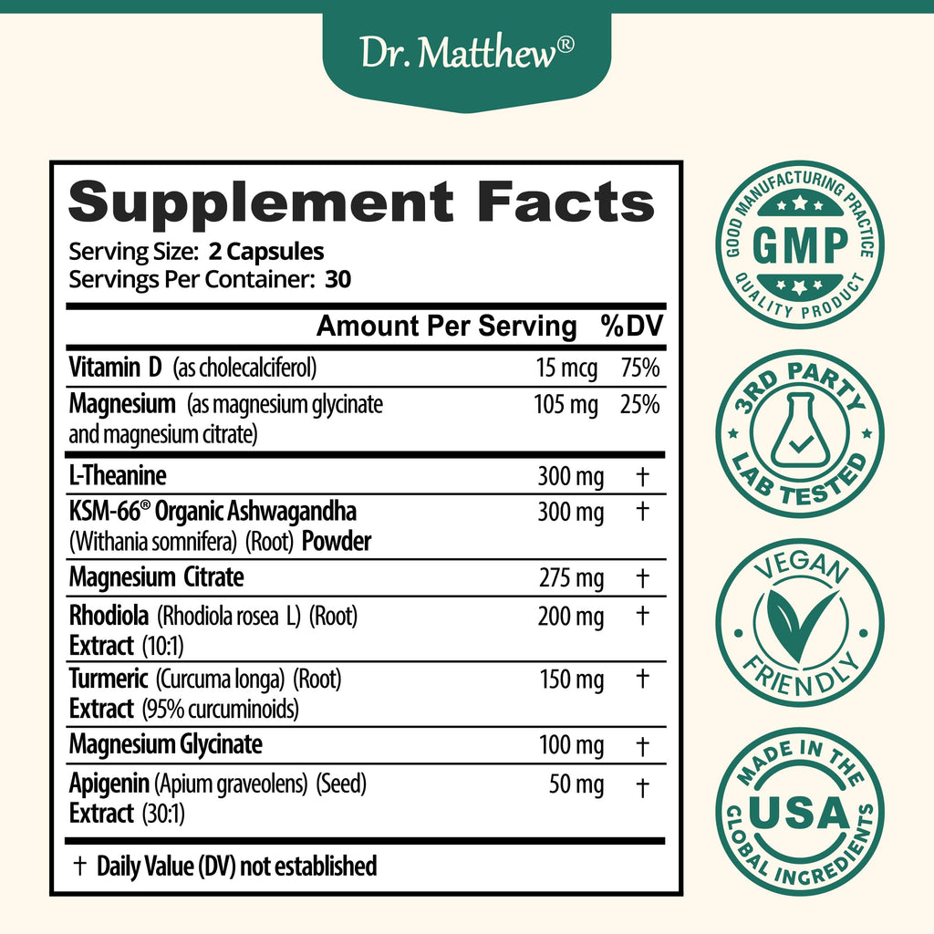Cortisol Reducer & Adrenal Support Supplement–Natural Stress Relief with Ashwagandha KSM-66, Magnesium Glycinate & Citrate, L-Theanine, Rhodiola, Apigenin, Turmeric & Vitamin D3–Calm Mood & Relaxation Dr. MatthewBuy Supplements Australia