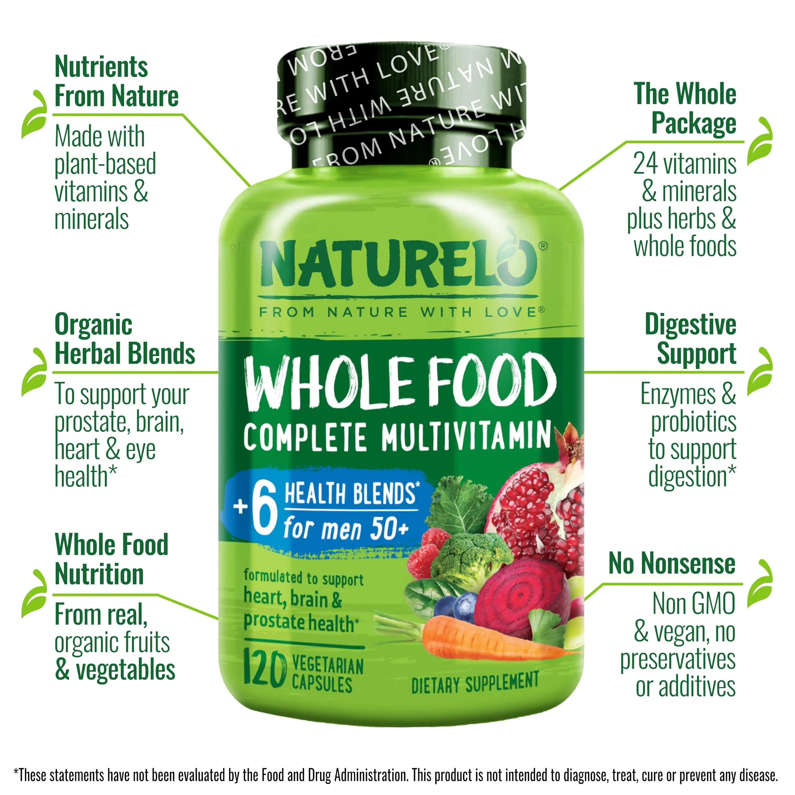 NATURELO Whole Food Multivitamin for Men 50+ - with Vitamins, Minerals, Organic Herbal Extracts - Vegan Vegetarian NATURELOBuy Supplements Australia