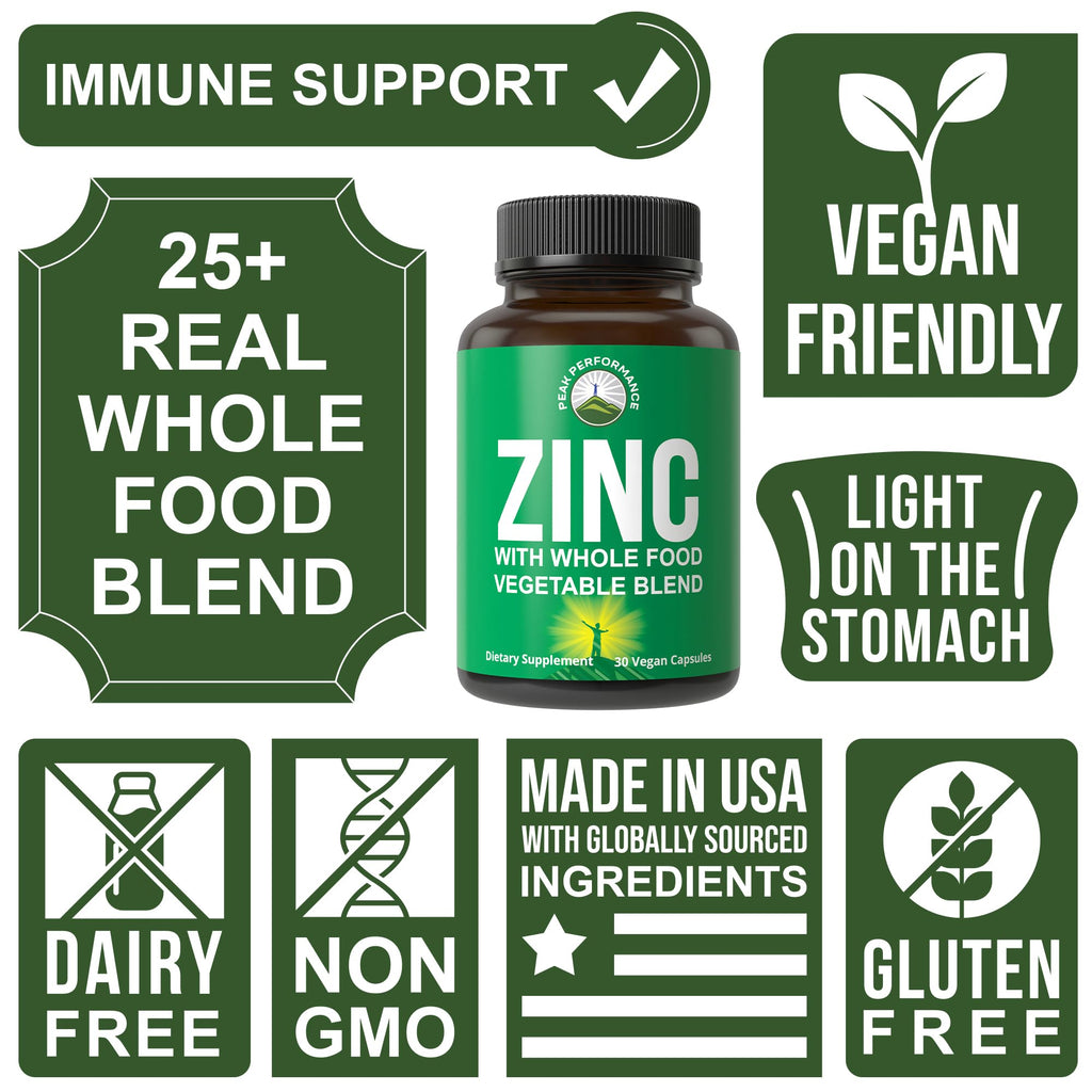 Vegan Zinc Supplement with Vitamin C + Whole Food Blend of 25 Vegetables and Fruits for Max Absorption. Zinc Supplements 30mg Capsules, Pills, Tablets, Vitamins for Adults Both Men and Women Peak PerformanceBuy Supplements Australia