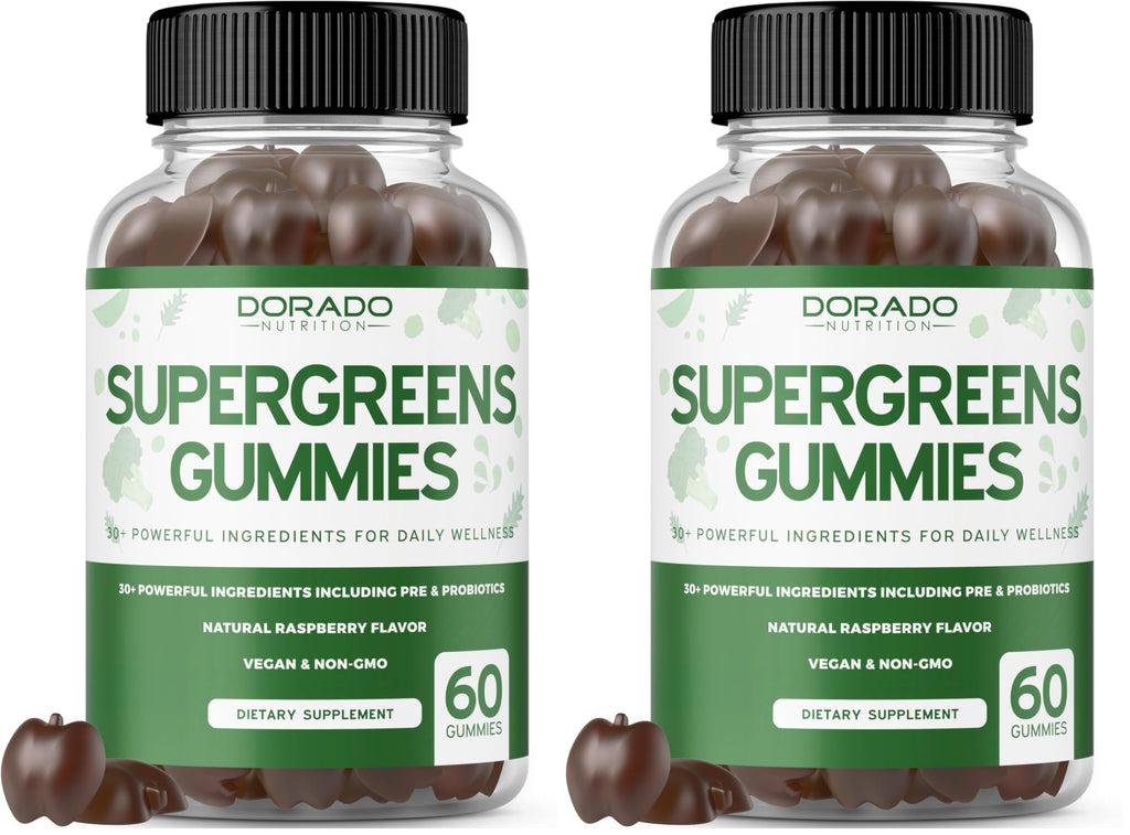 Two bottles of Dorado Naturals Supergreens Gummies on a white background