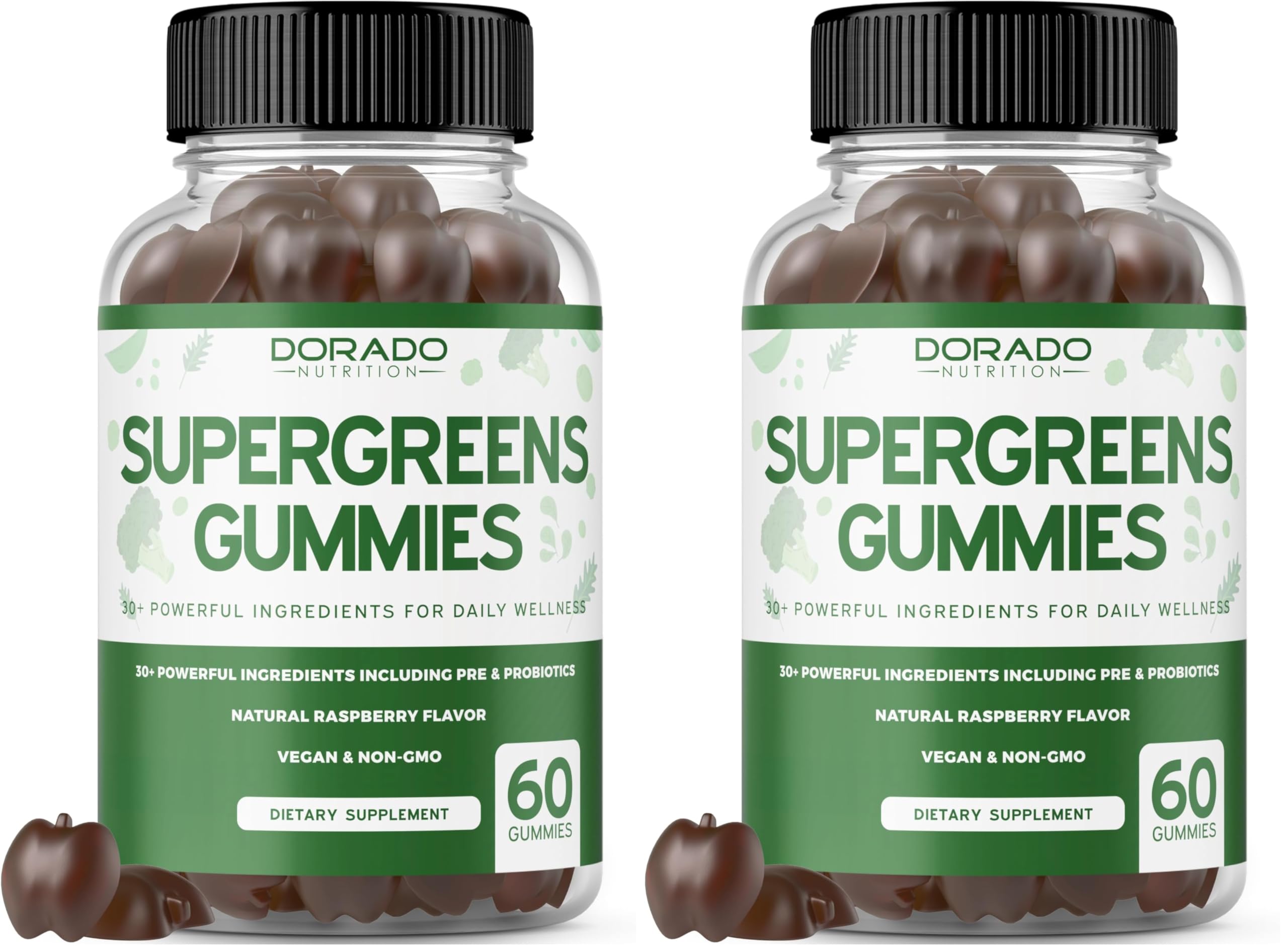 Two bottles of Dorado Naturals Supergreens Gummies on a white background