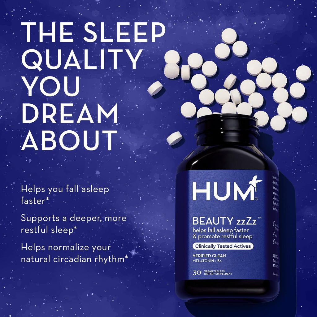 HUM Beauty zzZz Melatonin Sleep Supplement for Adults with Melatonin 3mg, Vitamin B6 and Calcium, Vegan, Gluten Free, Non GMO Sleep Support Tablets for Adults and Beauty Rest, 30 Vegan Tablets HUMBuy Supplements Australia