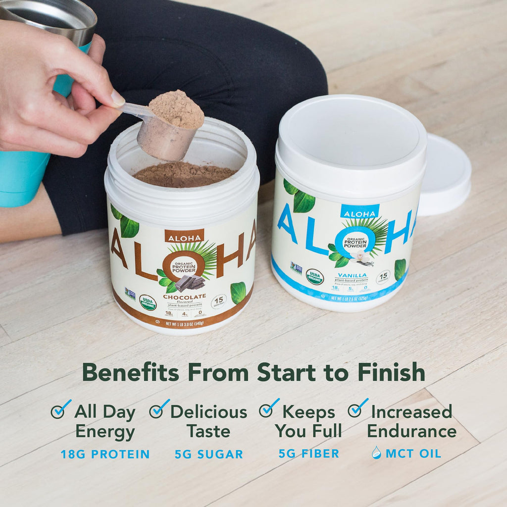 ALOHA Organic Plant Based Protein Powder, Stevia Free, Vanilla, 19.6 oz, 15 Servings PACKAGING MAY VARY