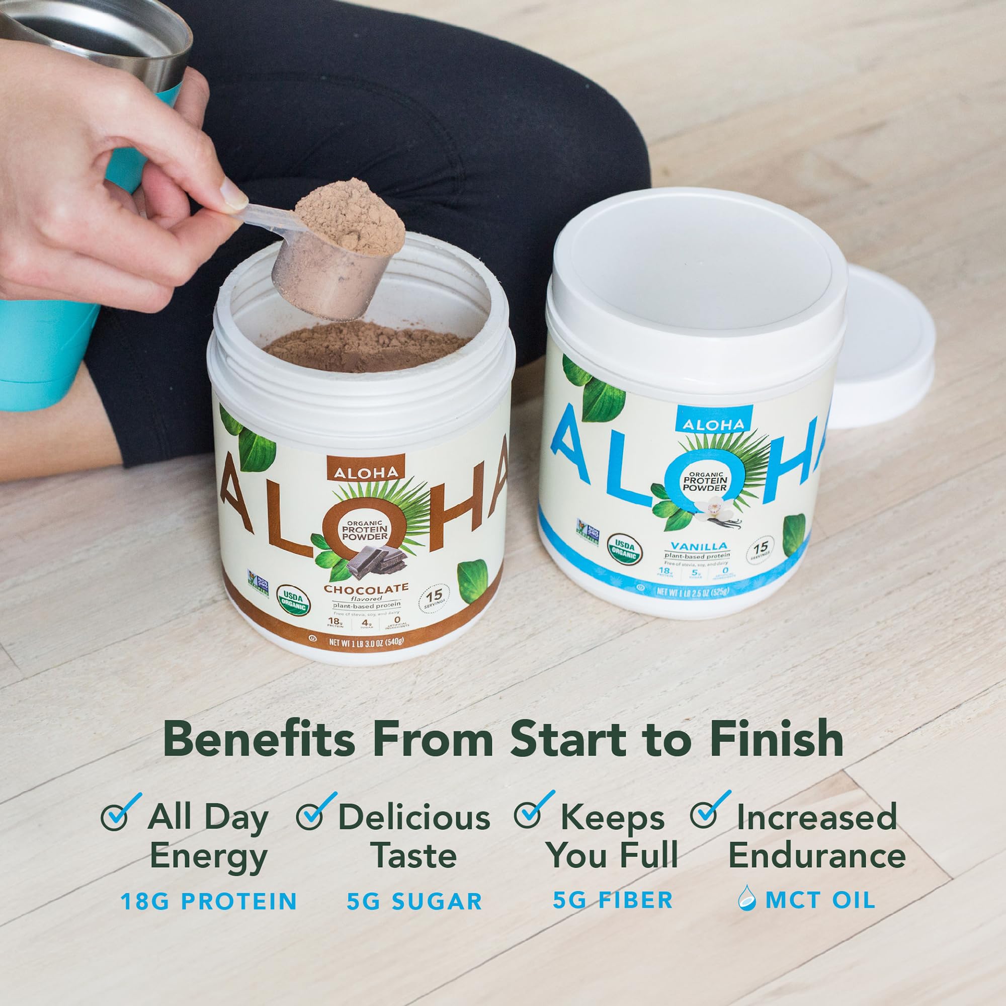 ALOHA Organic Plant Based Protein Powder, Stevia Free, Vanilla, 19.6 oz, 15 Servings PACKAGING MAY VARY