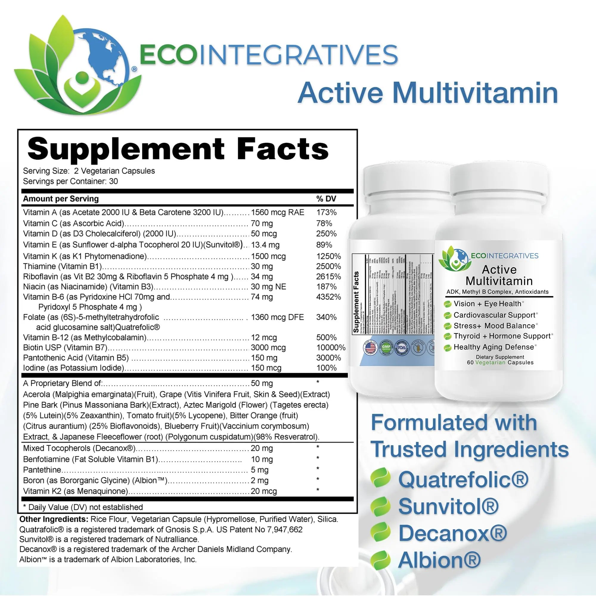 EcoIntegratives Active Multivitamin | ADK, Methyl B Complex, Antioxidants | Quatrefolic Folate, Methyl B12, P5P, Vitamin D3, K1/K2 | EcoIntegratives