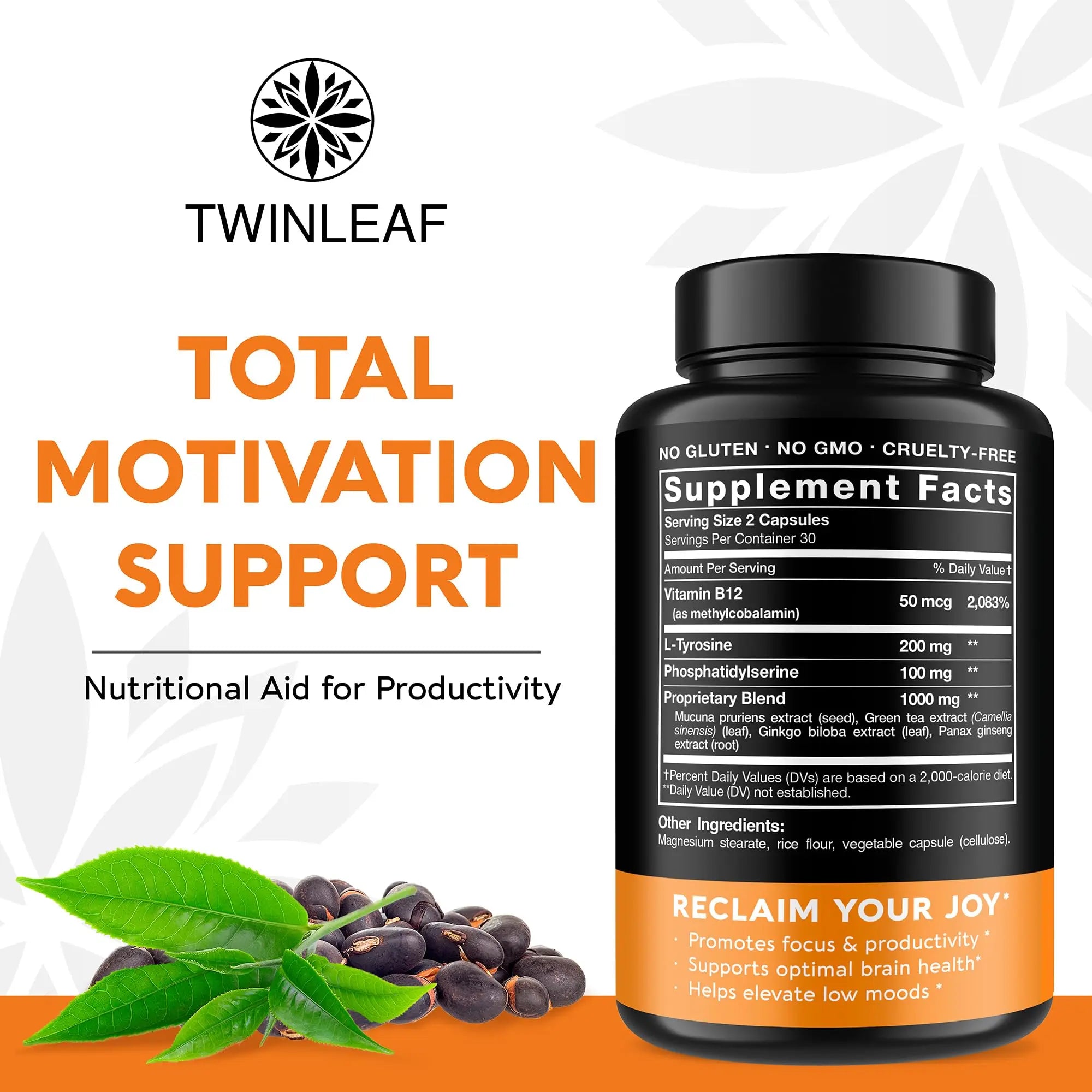 TWINLEAF Dopamine Brain Support Supplement, 1000 mg Blend - Made in USA - with DMAE, Vitamin B12 and L-Tyrosine TWINLEAFBuy Supplements Australia