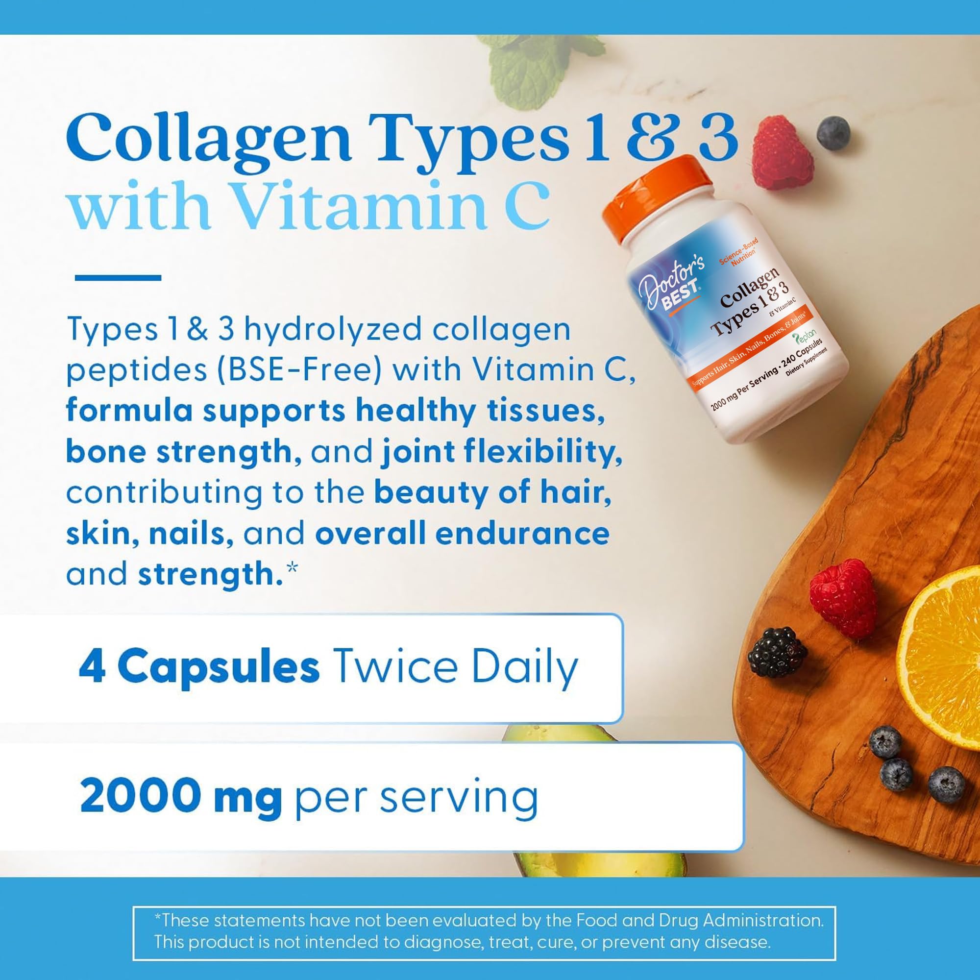 Doctor's Best Collagen Types 1 & 3 with Vitamin C, Non-GMO, Gluten Free, Soy Free, Supports Hair, Skin, Nails, Tendons & Bones, 500 mg, 240 Caps (DRB-00263) Doctor's BEST buy supplements Au