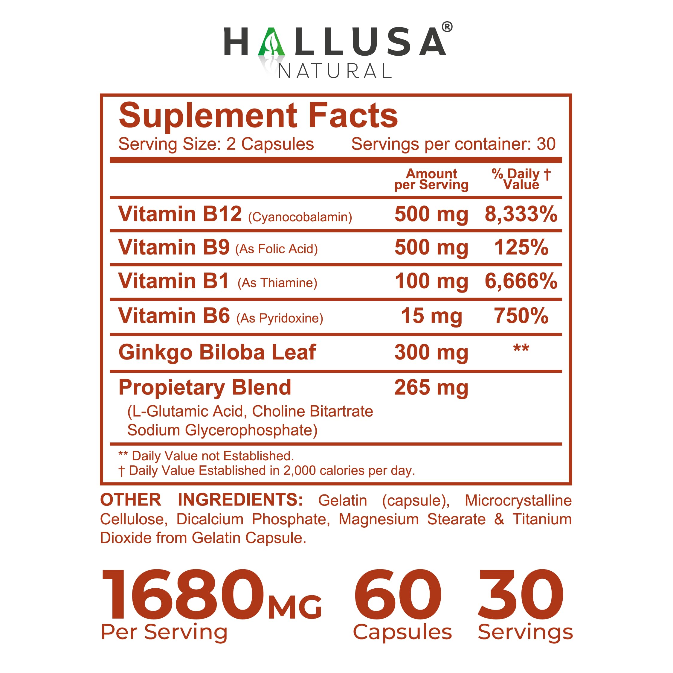 Hallusa Natural Brain Health Supplement Capsules 1680mg, Ginkgo Biloba, B Vitamins & Choline, Memory & Focus Support, Brain Booster for Men & Women, 60 Count Hallusa Natural buy supplements Au