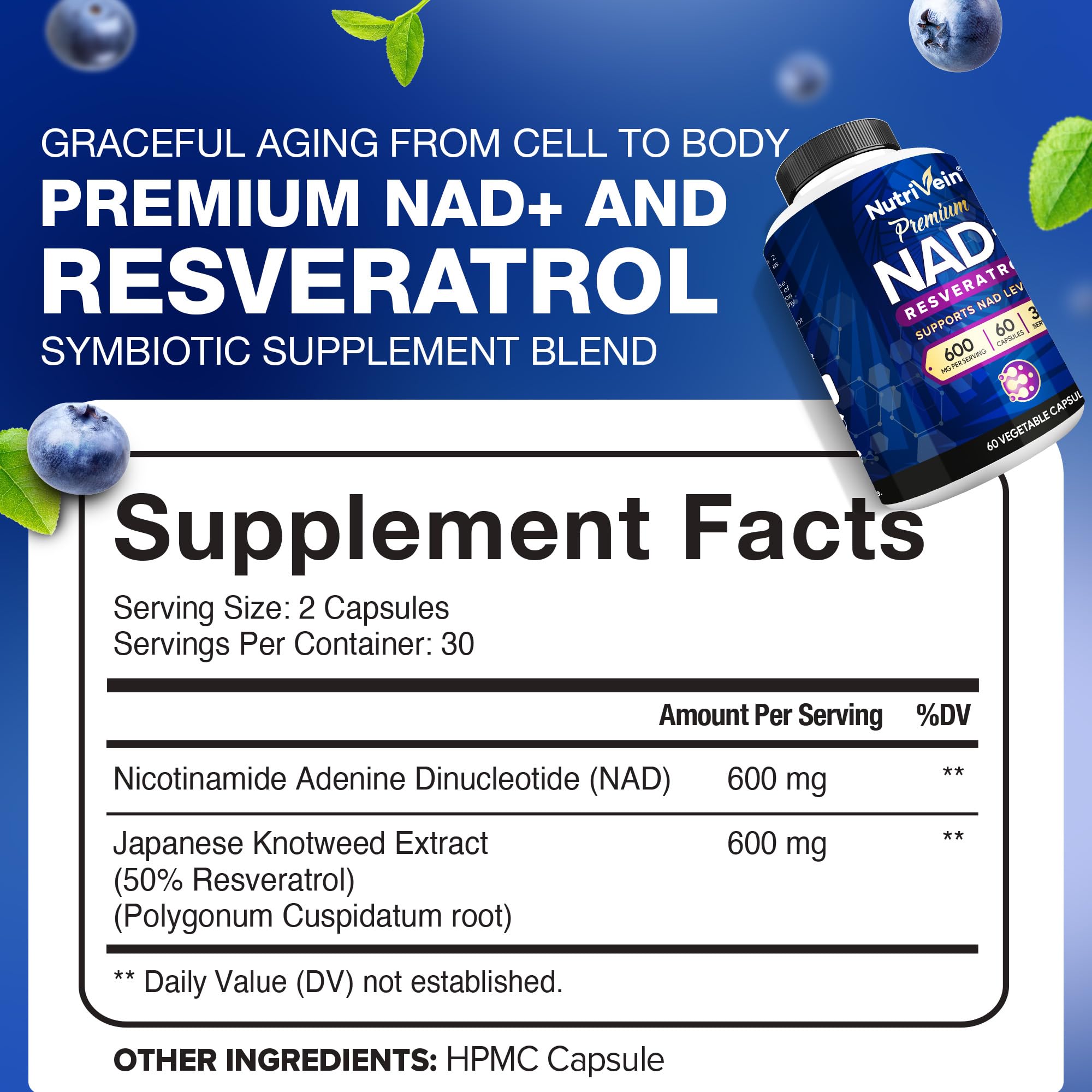 Nutrivein Premium NAD + Resveratrol Supplement 600 mg - 30 Servings (60 Capsules): Powerful Synergistic NAD Resveratrol Supplement - Aging, Cognition, Metabolism, & Overall Well-Being NutriveinBuy Supplements Australia