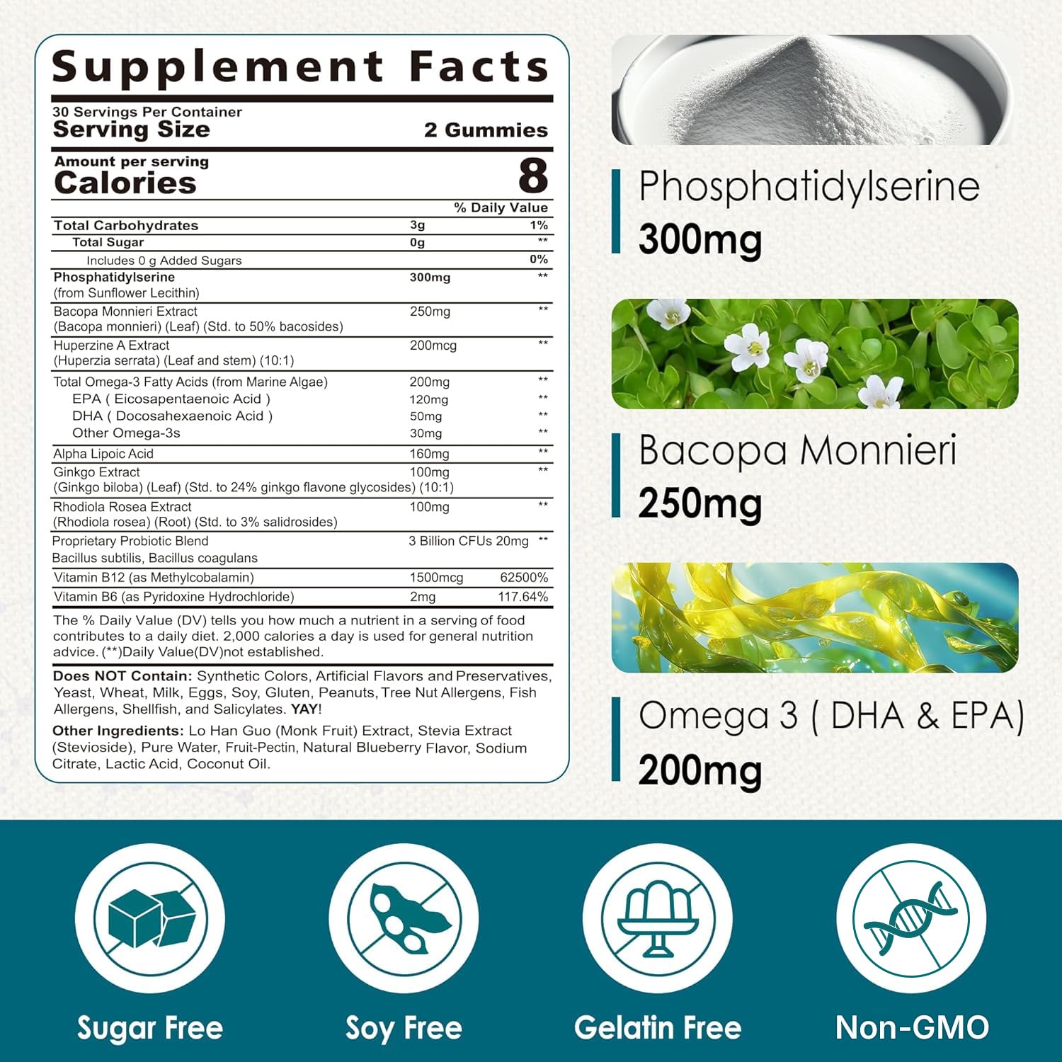 Phosphatidylserine - Nootropic Brian Supplement, Focus & Energy Gummies+ Bacopa Monnieri, Omega 3, Huperzine A, Methyl B12 & B6 for Seniors, Gamers, Workers, Non-GMO, Caffeine-Free, Sugar Free, 2 Pack NextdiaBuy Supplements Australia