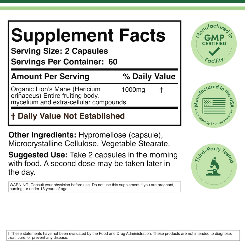 Organic Lions Mane Mushroom Capsules (120 Count), for Focus Support and Immune Health, Third Party Tested and Grown in The USA - by Double Wood Double Wood SupplementsBuy Supplements Australia