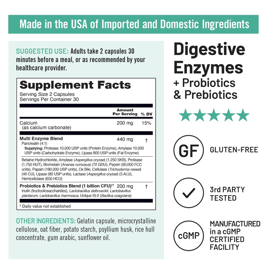 NatureWise Digestive Enzymes - Multi Enzymes with Probiotics + Prebiotics - Post Mealtime Comfort & Bloating Support + Aids Digestion and Gut Health - Soy-Free, Non-GMO - 60 Capsules[1-Month Supply] NatureWiseBuy Supplements Australia