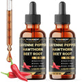 Two bottles of Penhoment Cayenne Pepper Hawthorn Beet Root liquid drops with a dropper and peppers on a white background.