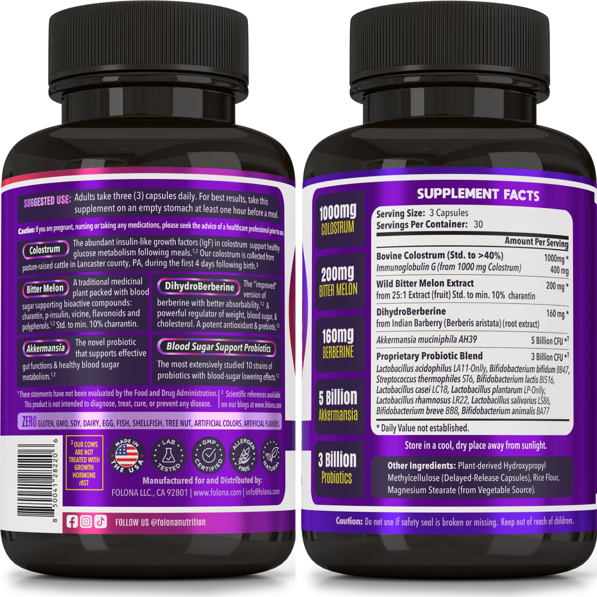 Blood Sugar Support Colostrum Supplement w/ Bitter Melon, Probiotics Blend w/ Akkermansia & Prebiotic Berberine | For Healthy Blood Glucose, Metabolism, Gut & Immunity | 90 Delayed Release Vegan Caps FOLONABuy Supplements Australia