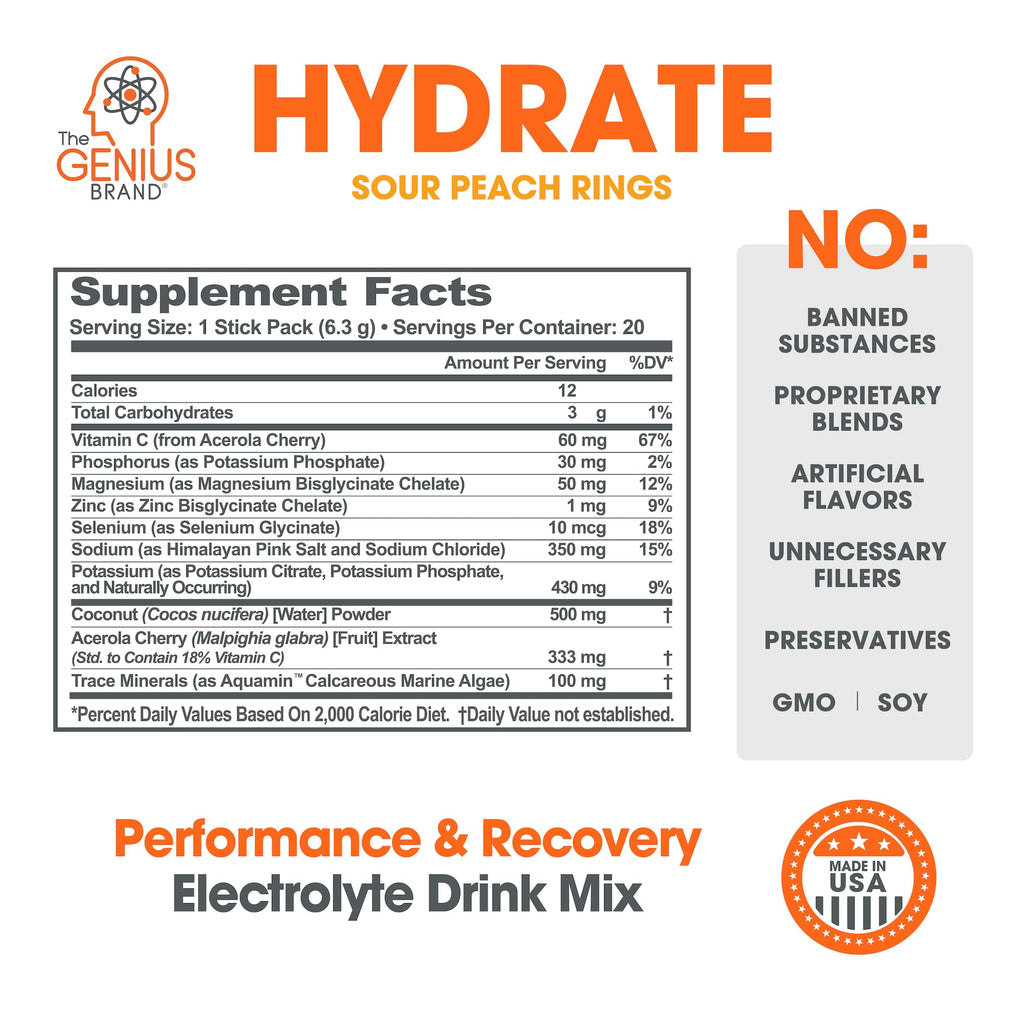 The Genius Brand Genius Hydrate - Electrolyte Supplement for Daily Hydration - Coconut Water - Sugar-Free - 8 Essential Minerals & Nutrients - Non-GMO - Sour Peach Rings - 20 Servings The Genius BrandBuy Supplements Australia