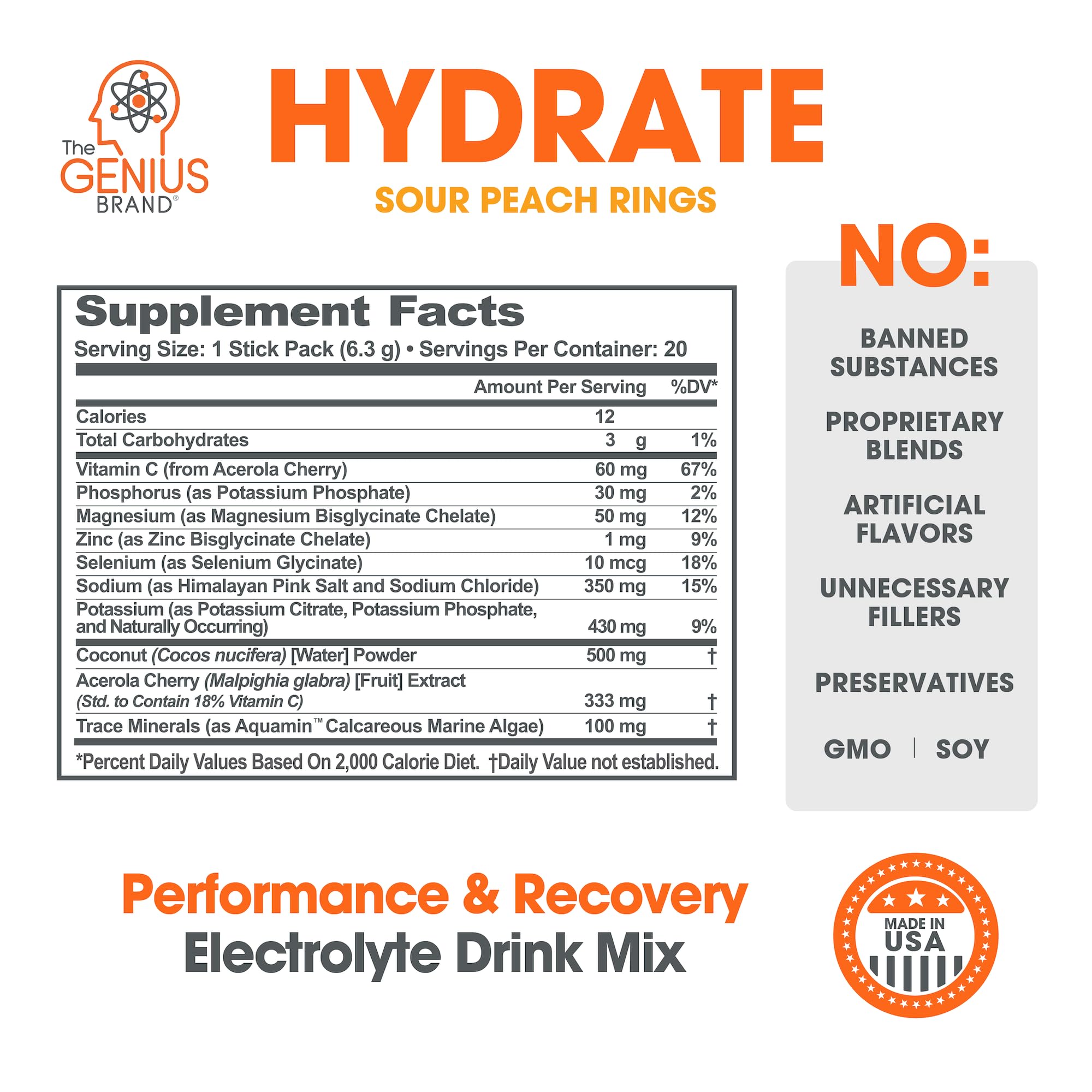 The Genius Brand Genius Hydrate - Electrolyte Supplement for Daily Hydration - Coconut Water - Sugar-Free - 8 Essential Minerals & Nutrients - Non-GMO - Sour Peach Rings - 20 Servings The Genius BrandBuy Supplements Australia
