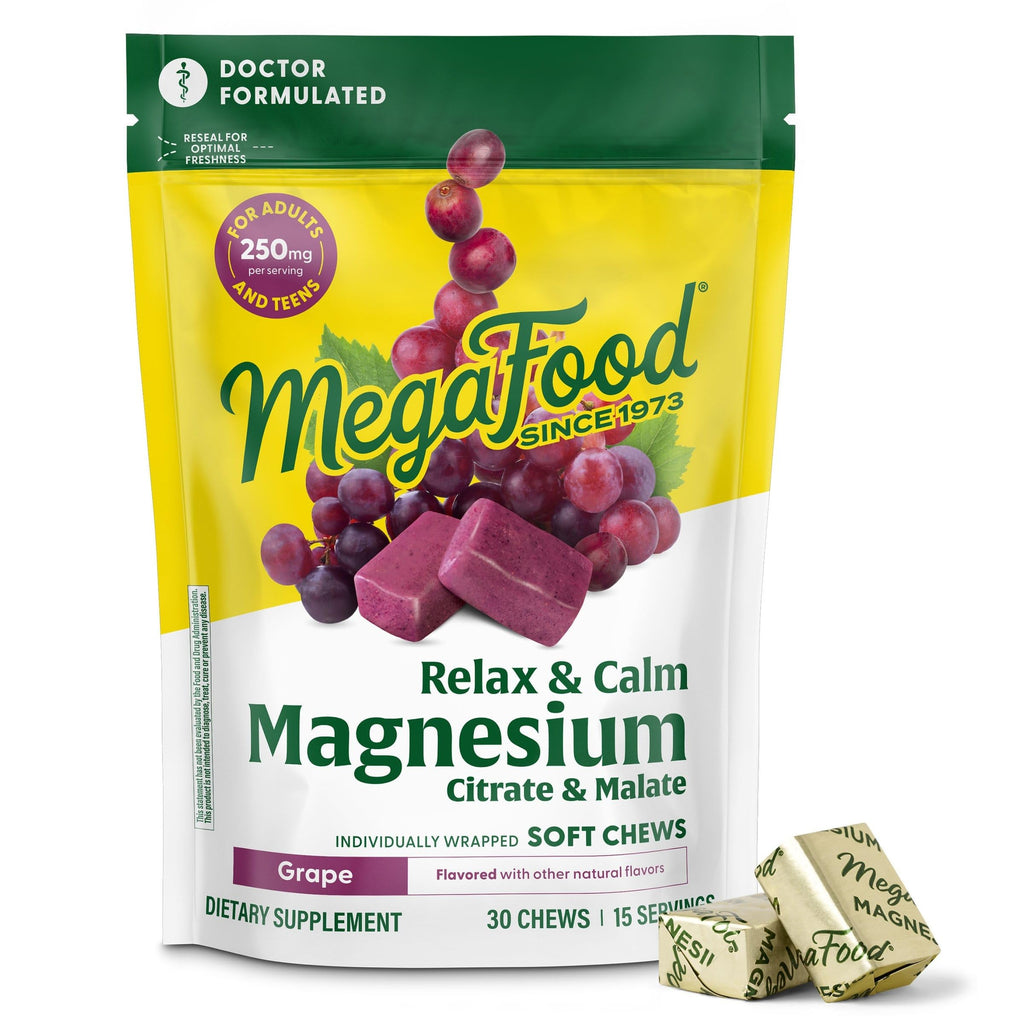 MegaFood Relax + Calm Magnesium Complex with Magnesium Citrate & Malate for Heart Health, Muscle Tension & More – Doctor Formulated - Vegetarian – Grape Flavor - 30 Soft Chews (15 Servings) MegaFoodBuy Supplements Australia