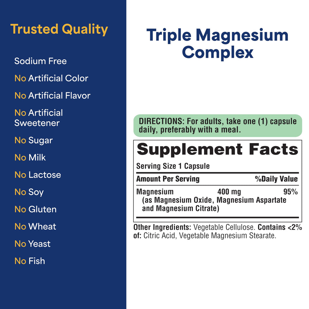 Puritan's Pride Triple Magnesium Complex with Magnesium Oxide, Aspartate, and Citrate 400mg, Dietary Supplement for Muscle, Heart, Nerve, and Bone Support, 120 Rapid Release Capsules Puritan's Pride buy supplements Au