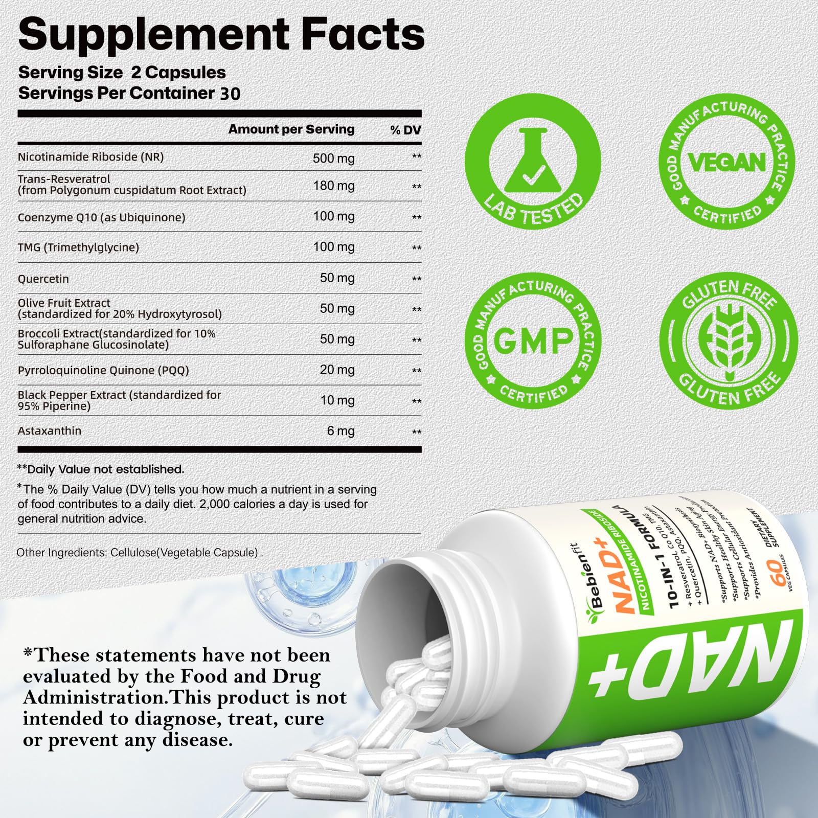 Nad Supplement for Healthy Aging | Energy| Antioxidant| Skin Health| Focus ,10-in-1 Formula with NR,Trans-Resveratrol,CoQ10,Astaxanthin,PQQ,TMG,Quercetin,Olive Fruit Nad+ for Women Men,60 Vegan Caps Bebien fitBuy Supplements Australia