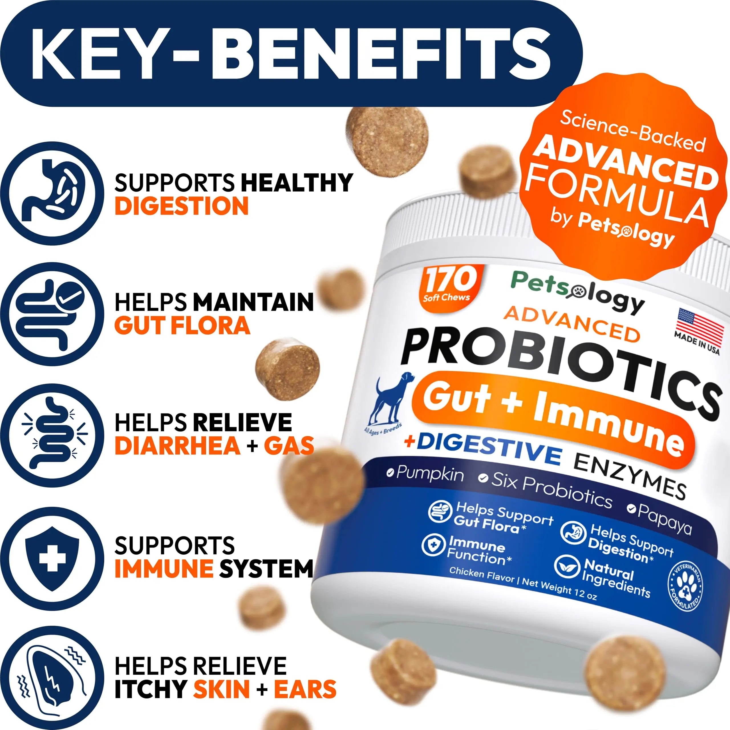 Probiotics for Dogs - 170 Dog Probiotics Chews - Digestive Enzymes & Prebiotics - Support Gut Health, Diarrhea, Gas & Constipation Relief - Itchy Skin, Allergies, Yeast Balance - Advanced Supplement Petsology buy supplements Au