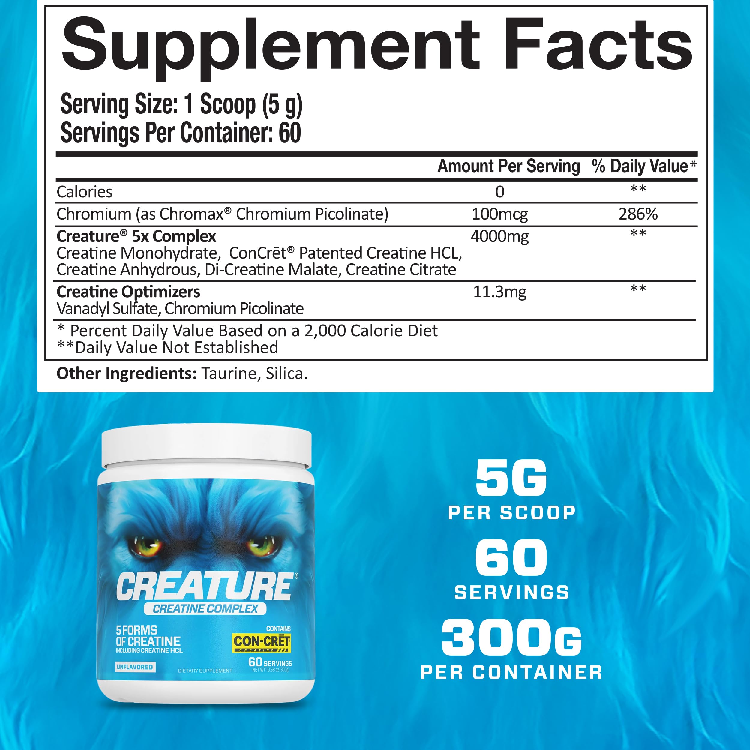 CREATURE® Creatine Complex - Creatine Monohydrate Powder with 5 Types of Creatine Including Con-Crēt® Creatine HCL, Promotes Muscle, Strength, Endurance, Brain Health, Unflavored, 300g 60 Servings CREATUREBuy Supplements Australia