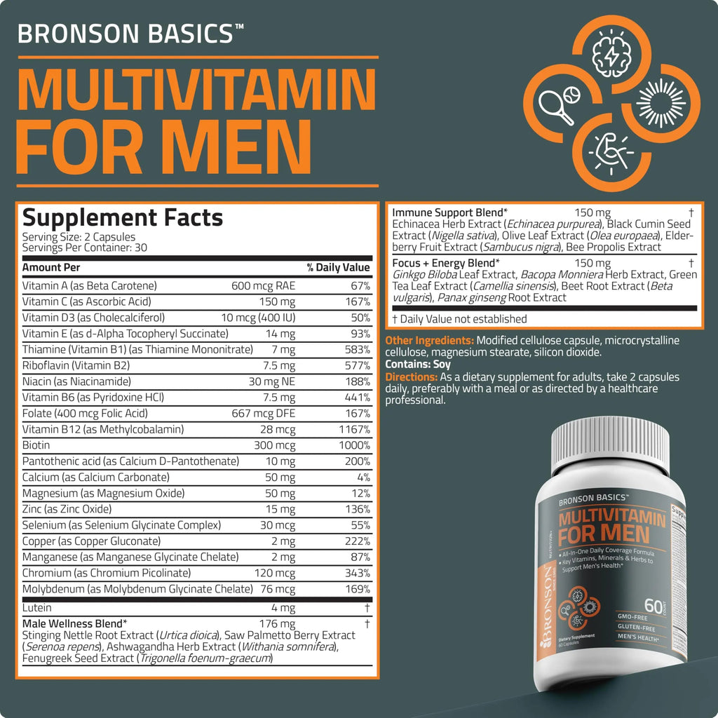 Bronson Multivitamin for Men All-in-One Daily Coverage Formula Key Vitamins, Minerals & Herbs to Support Men's Health, 60 Capsules BronsonBuy Supplements Australia