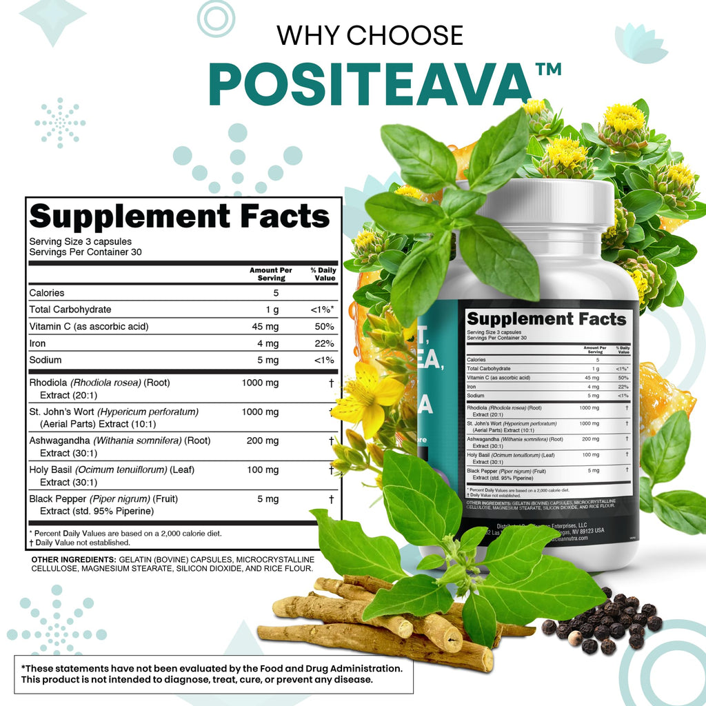 Clean Nutraceuticals St Johns Wort Rhodiola Rosea Holy Basil Ashwagandha - Mood Support for Women and Men with Vitamin C & Black Pepper Extract - 90 Caps Clean Nutraceuticals buy supplements Au
