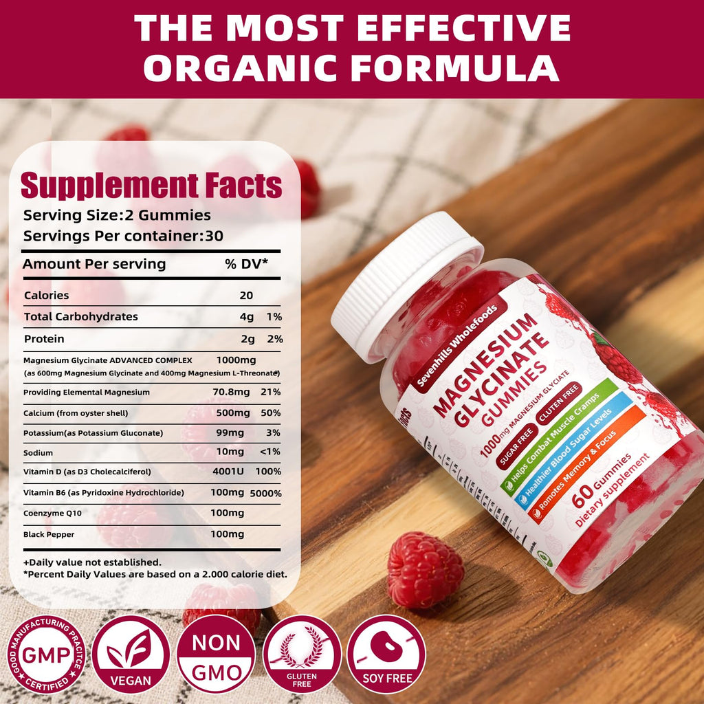 Magnesium Glycinate Gummies 1000mg - Sugar Free Magnesium Potassium Supplement for Relaxation, Calm, Stress Relief, and Sleep Support for Adults & Kids - 60 Raspberry Gummies Sevenhills WholefoodsBuy Supplements Australia