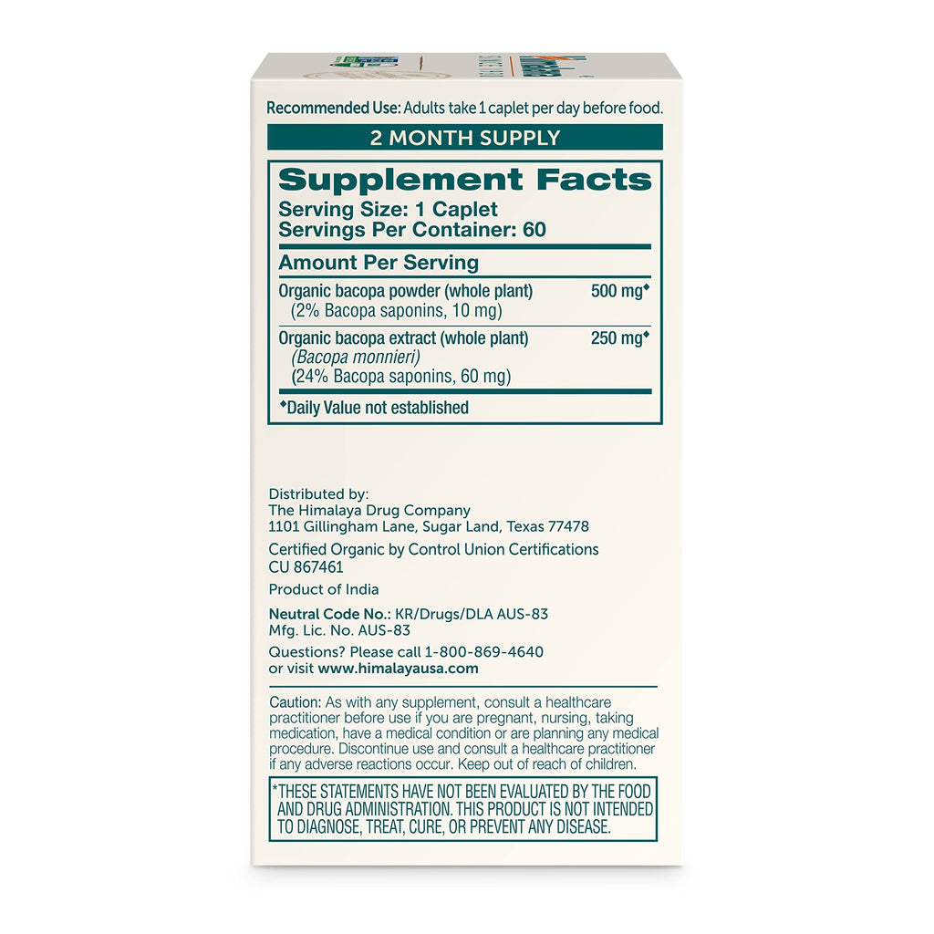 Himalaya Bacopa Monnieri Nootropic Herbal Supplement, Supports Calm, Memory, Cognition, USDA Certified Organic, Non-GMO, 750 mg, 60 Plant-Based Caplets, 60 Day Supply HimalayaBuy Supplements Australia