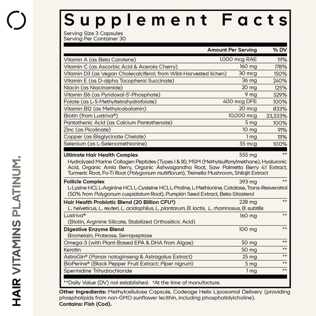 Codeage Hair Vitamins Platinum - Lustriva Hair Growth Support, Spermidine, AstraGin, Biotin, Keratin, Collagen, Enzymes, Omega-3, Multivitamins, Probiotics – Healthy Hair Supplement - 90 Capsules CodeageBuy Supplements Australia