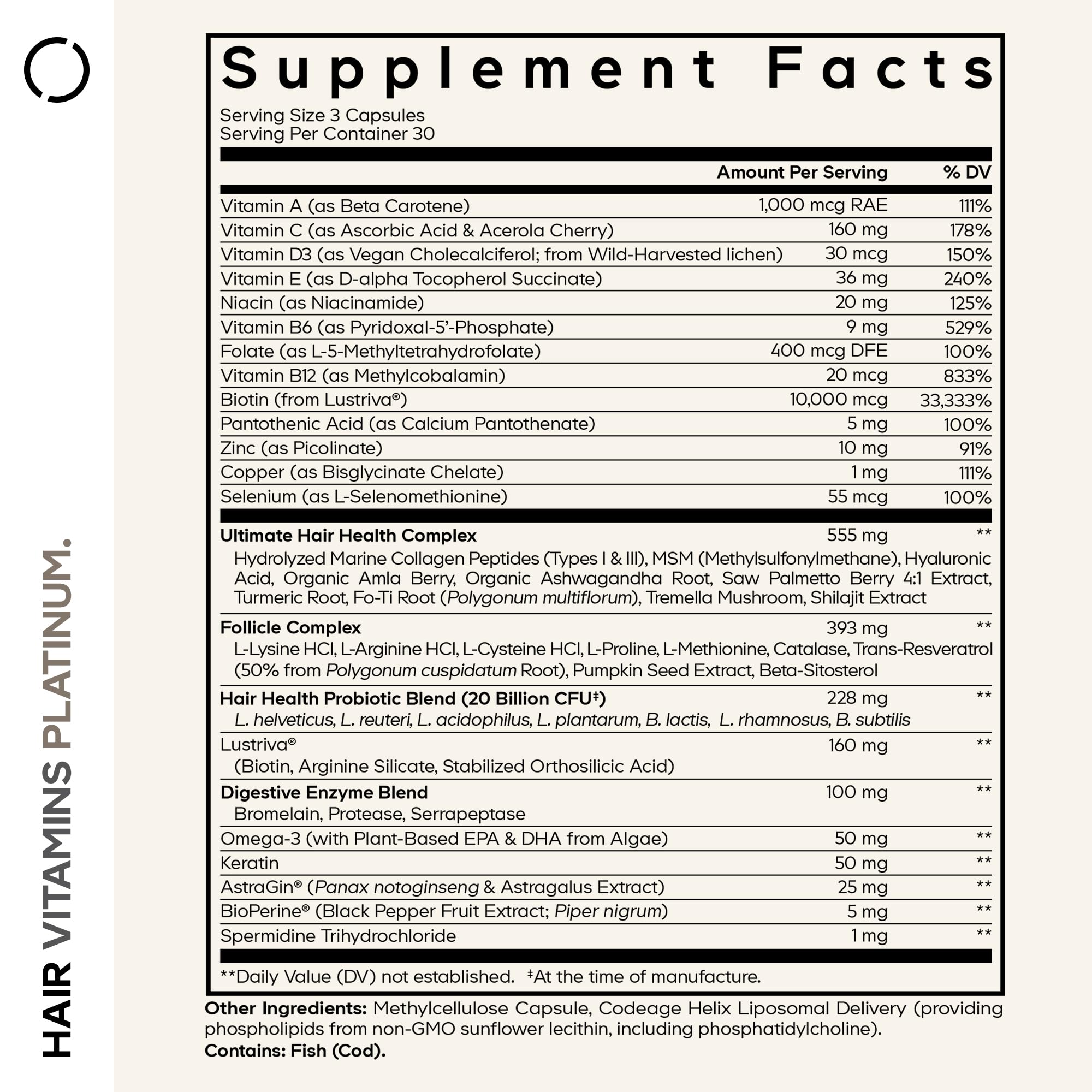 Codeage Hair Vitamins Platinum - Lustriva Hair Growth Support, Spermidine, AstraGin, Biotin, Keratin, Collagen, Enzymes, Omega-3, Multivitamins, Probiotics – Healthy Hair Supplement - 90 Capsules CodeageBuy Supplements Australia