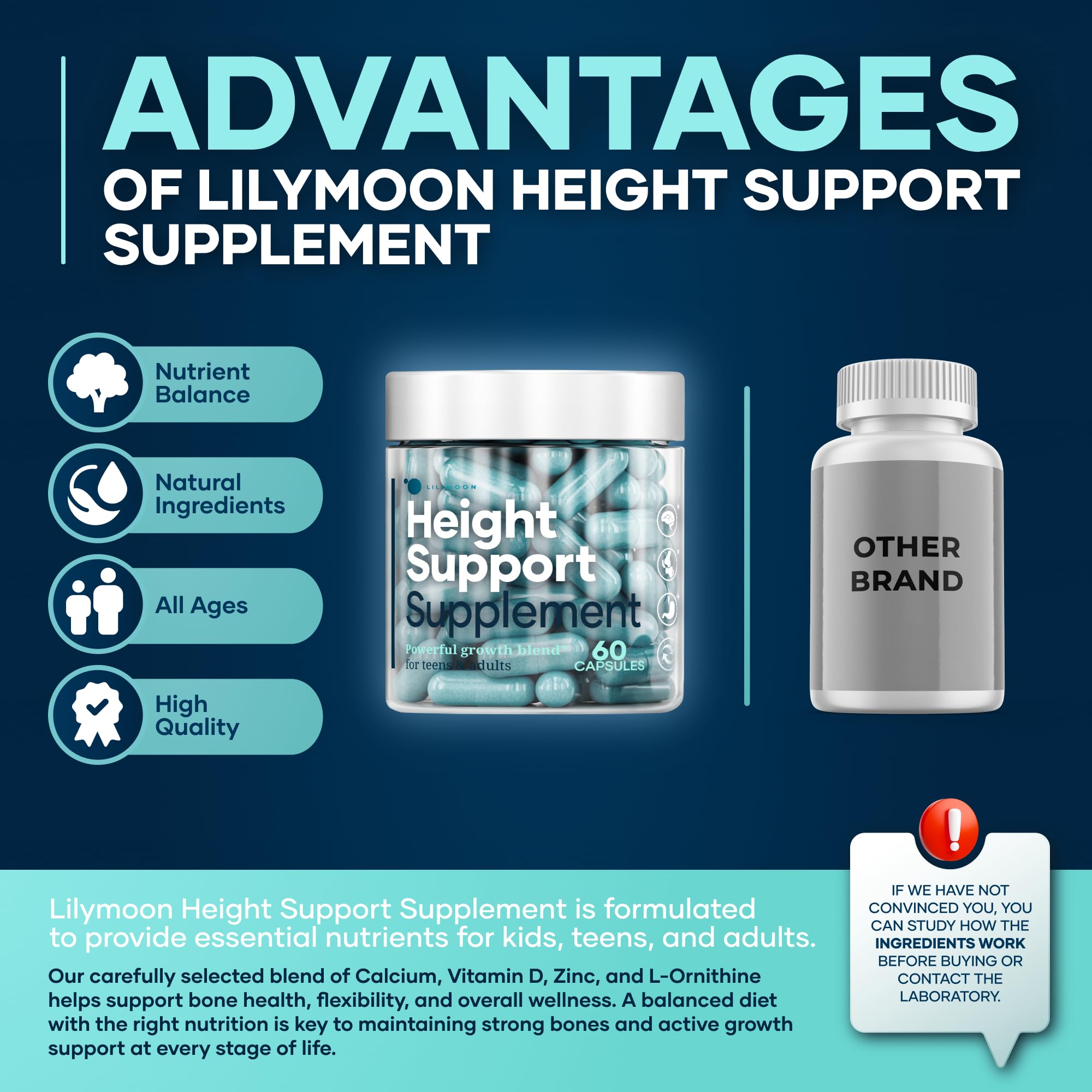 Height & Bone Support Supplement - Premium Height Growth Supplement for Kids & Teens with Calcium - Nutritional Support Bone Health Formula - Height Increase Essential Vitamins - 60 Caps LM LILYNUTRAMOON buy supplements Au