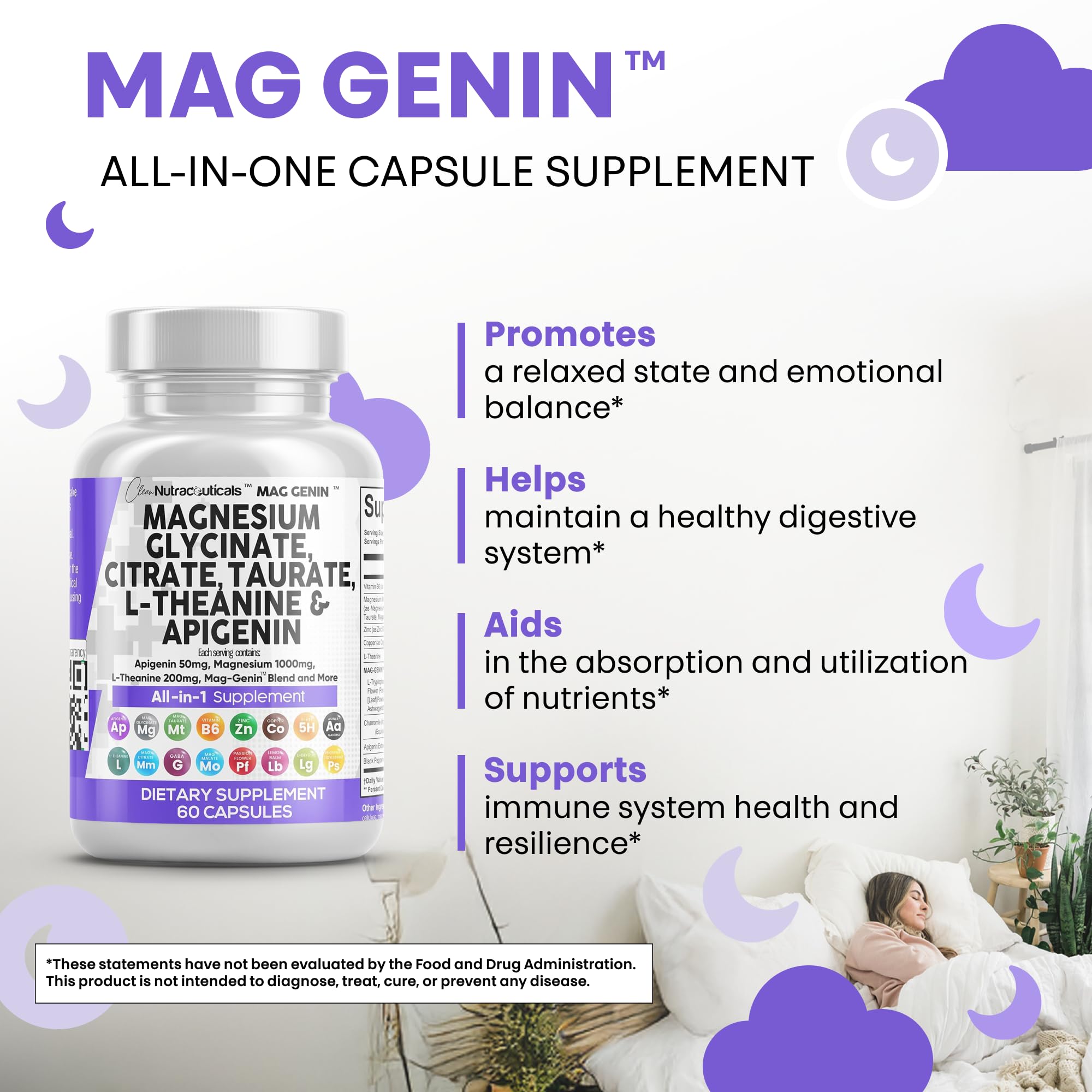 Clean Nutraceuticals Magnesium Glycinate Complex 1000mg with L-Theanine 200mg Apigenin 50mg Citrate Taurate Supplement - 5-HTP GABA Passion Flower Lemon Balm L-Glycine Phosphatidylserine - 60 Count Clean NutraceuticalsBuy Supplements Australia