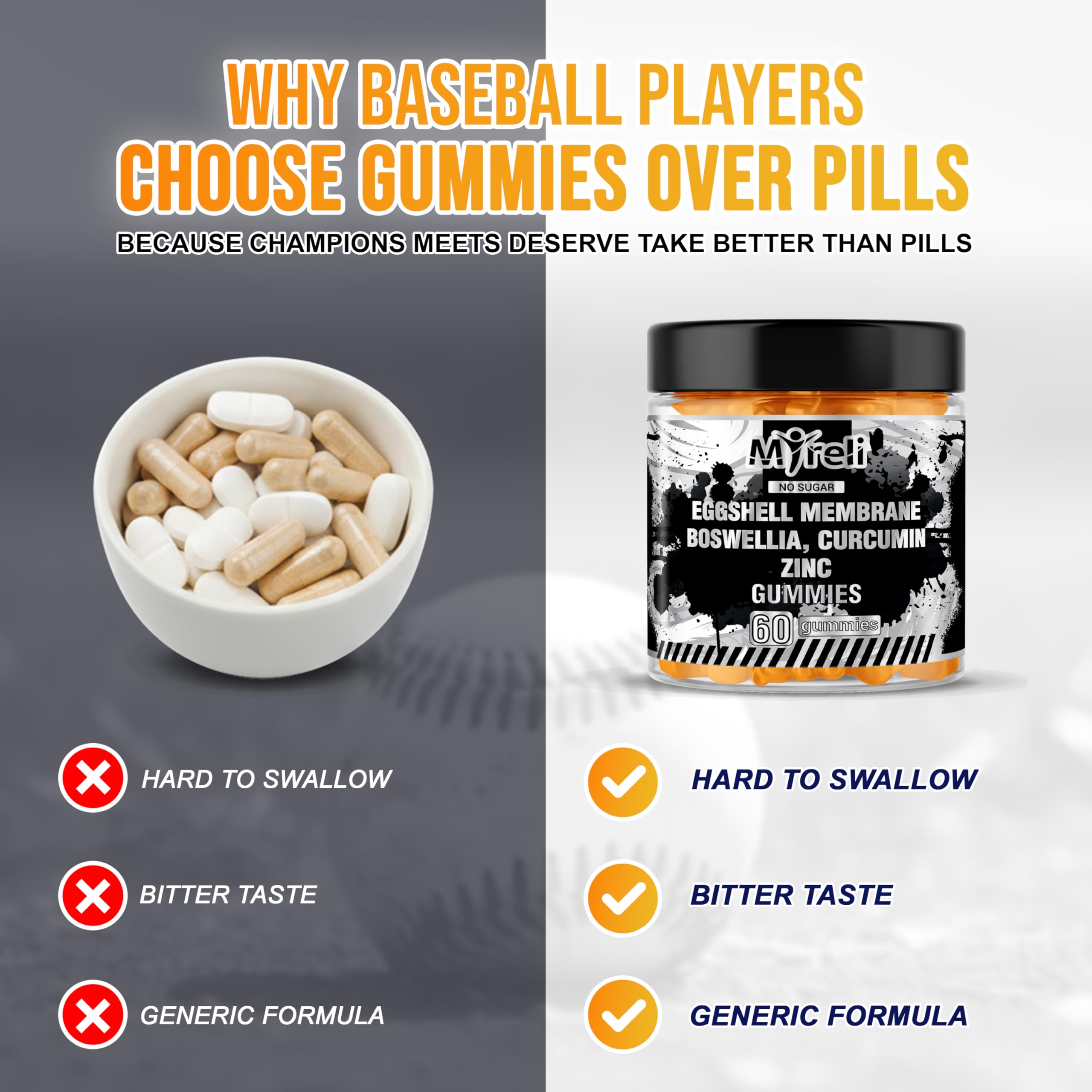 MYRELI Eggshell Membrane 400mg, Boswellia 300mg, Curcumin 250mg & Zinc 20mg Gummies - Baseball Athlete Joint Support, Flexibility, Recovery, Antioxidant, Energy, Endurance - Vegan, Non-GMO, 60 Gummies MYRELIBuy Supplements Australia