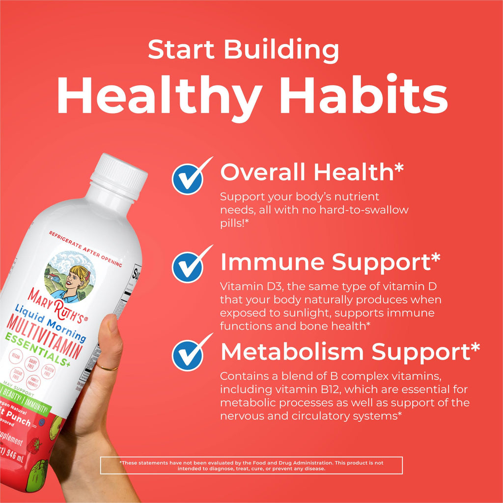 MaryRuth Organics Liquid Morning Multivitamin Essentials+ | Vitamin A C D E B6 B12 Biotin Zinc, Mens Womens Multivitamin, Immune Support, Beauty | Sugar Free | Vitamins for Ages 1+ | Vegan | 32 Fl Oz MARYRUTH'SBuy Supplements Australia