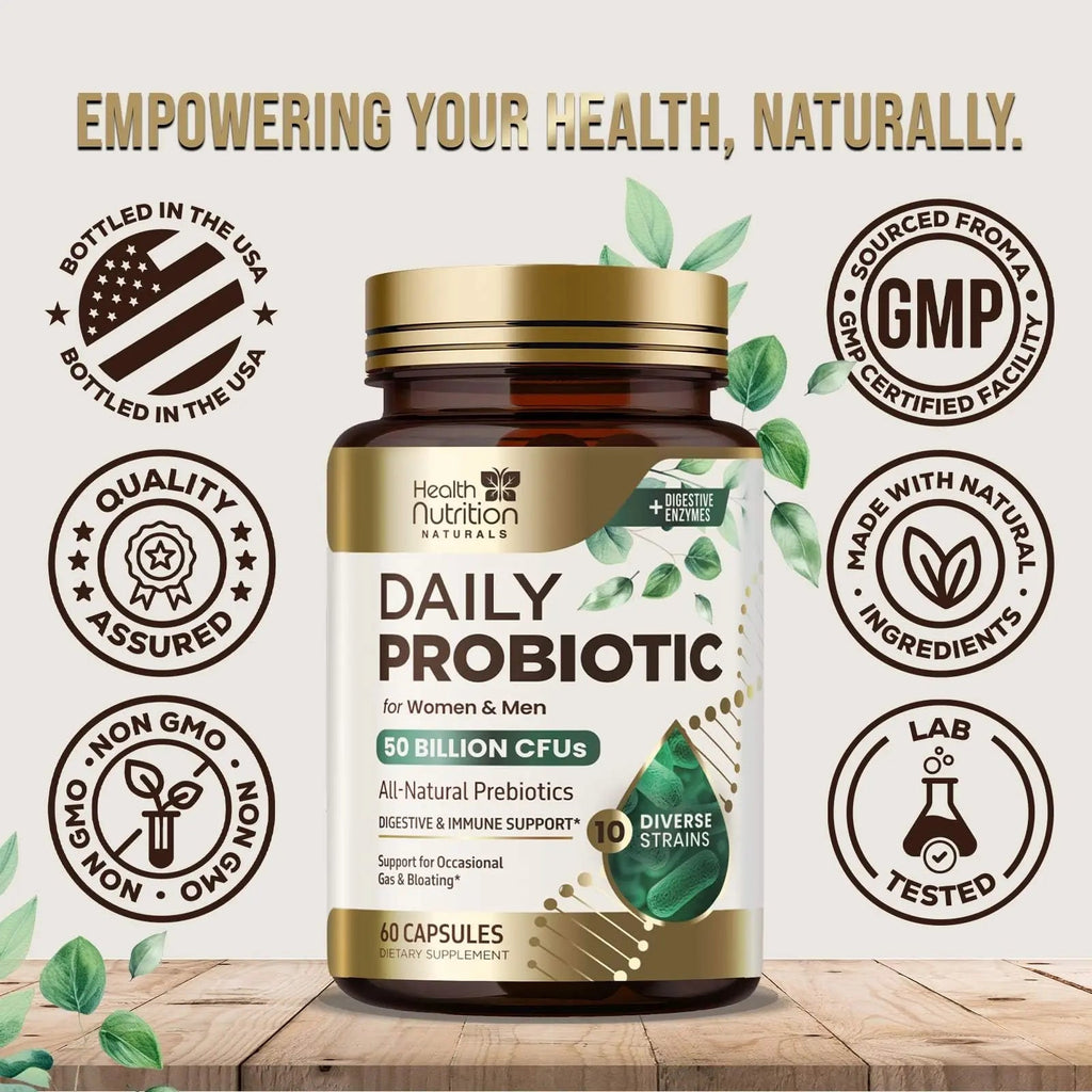 Probiotics 50 Billion CFU per Serving - 10 Strains + Prebiotics - Digestive Health, Gut & Immune Support - Occasional Constipation, Gas & Bloating Support for Women & Men, Bottled USA - 60 Capsules Health Nutrition NaturalsBuy Supplements Australia