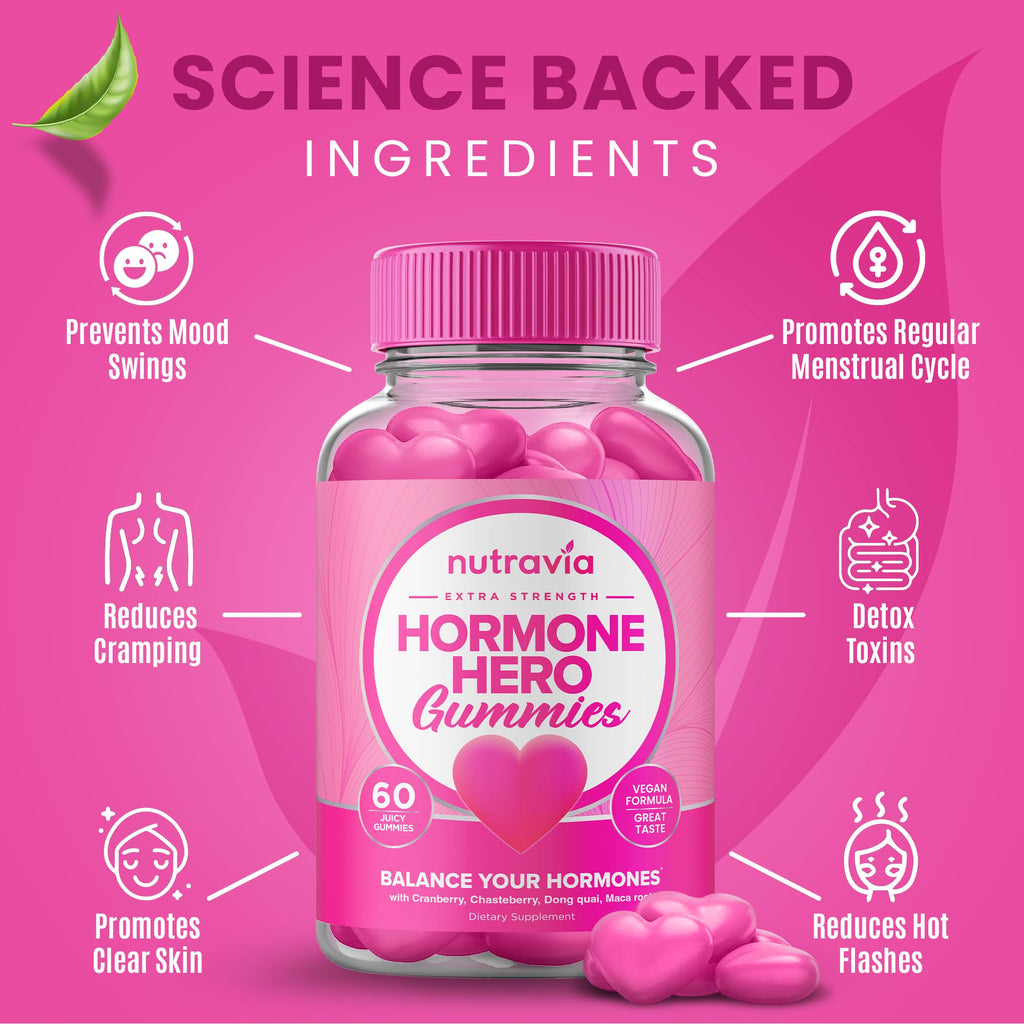 Hormone Balance For Women Gummies + PMS Relief Supplement - Supports Mood Swings, Clear Skin, Reduced Cramps and Bloating - Hormonal PMS Gummies PCOS Vitamin with Cranberry, Dong Quai (60 Gummies) NutraviaBuy Supplements Australia