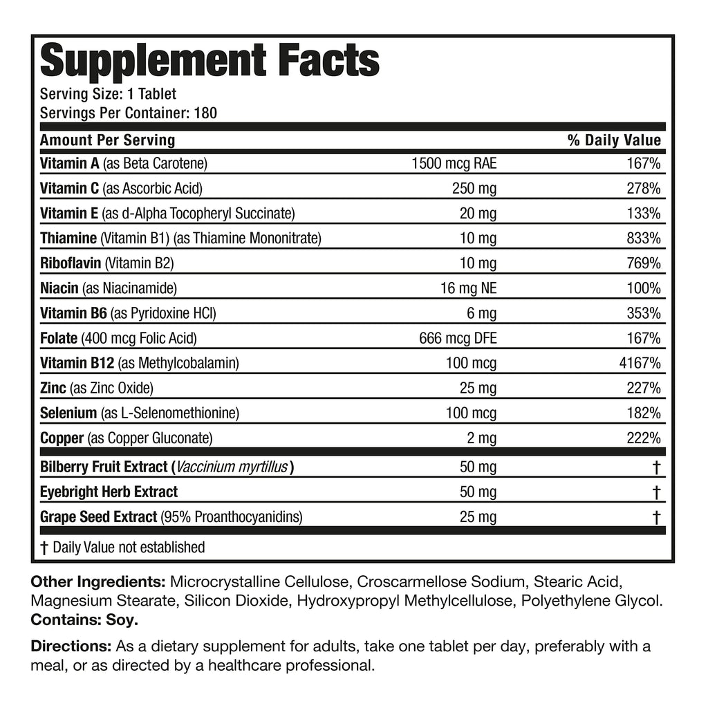 Bronson ONE Daily Vision Complete Eye Health Support Multivitamin Multimineral Supplement Formula, 180 Tablets Bronson