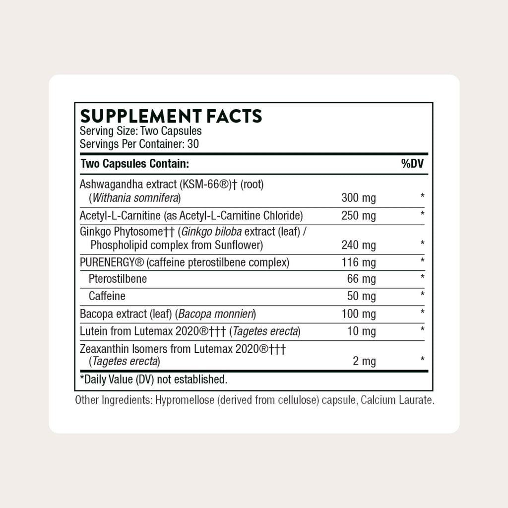 THORNE - Memoractiv - Nootropic Brain Supplement for Focus, Creativity, and Concentration - Ashwagandha, Ginkgo, Lutemax, Bacopa, Pterostilbene - Gluten-Free, Dairy-Free* - 60 Capsules - 30 Servings THORNEBuy Supplements Australia