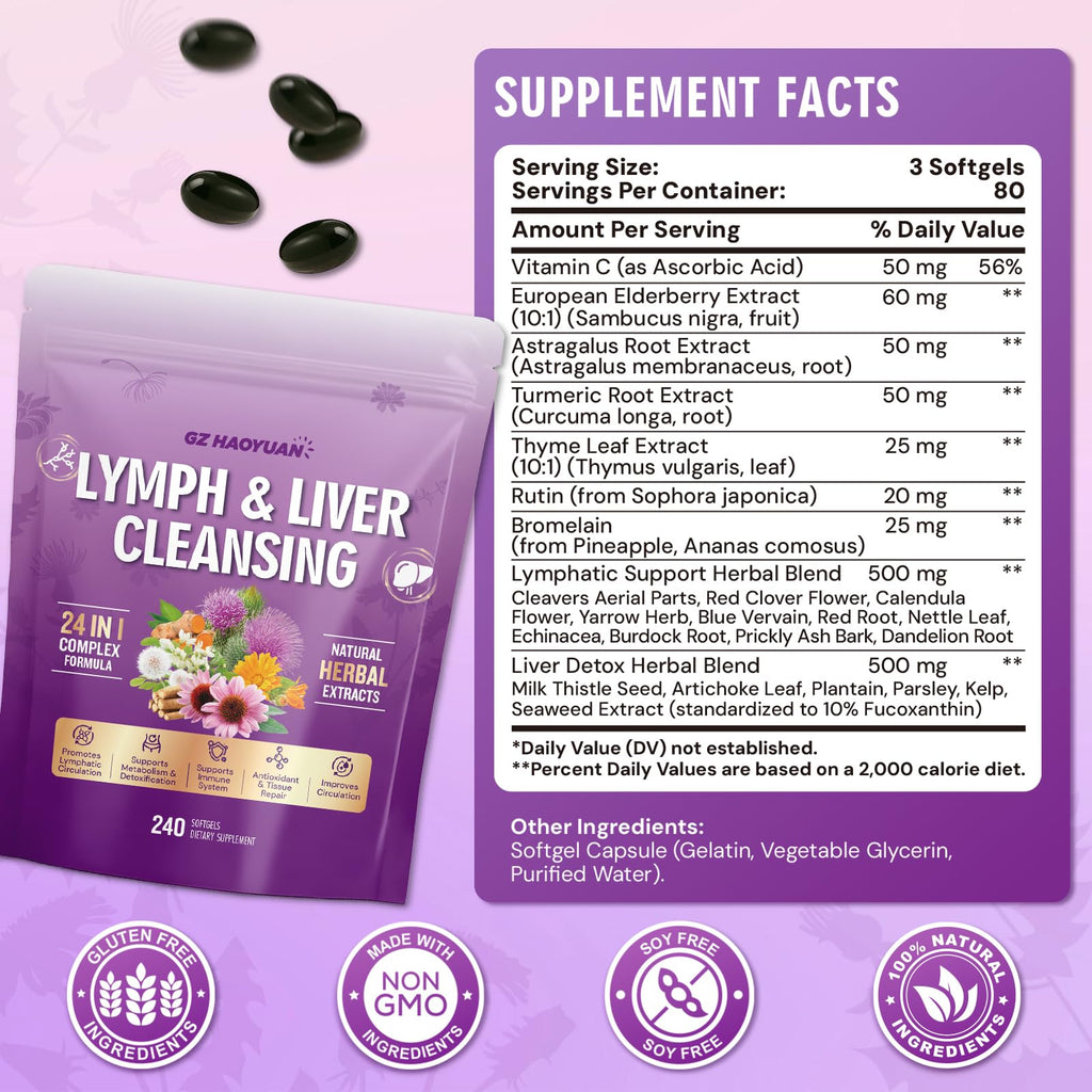 Lymphatic Drainage Supplement, Liver Cleanse Detox & Repair, 24-in-1 Herbal Blend with Echinacea, Dandelion, Burdock, Bromelain, Calendula, Turmeric - Lymph System Support, Less Bloating, 240 Softgels GZ HAOYUAN buy supplements Au
