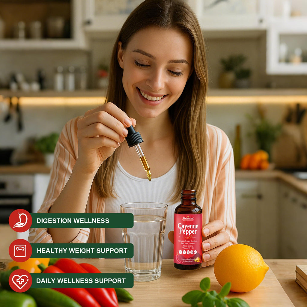 Cayenne Pepper Drops Liquid Supplement Smooth & Sweet Herbal Liquid + Hawthorn Berry, Vitamin D3 K2 Beet Root Powder, Ceylon Cinnamon, Turmeric Curcumin, Organic Panax Ginseng - 2fl oz Oxiventra buy supplements Au