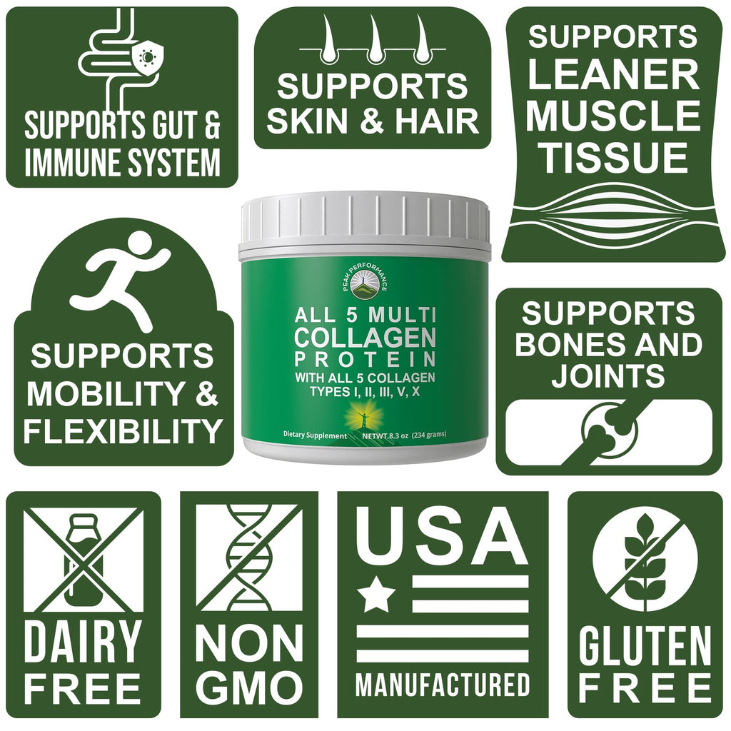 Peak Performance All 5 Multi-Collagen Protein Powder Peptides Multi-Collagen Contains All Types I, II, III,V, X. Keto, Paleo Friendly with Hydrolyzed Bovine, Marine, Chicken, Bone Broth Collagens Peak PerformanceBuy Supplements Australia