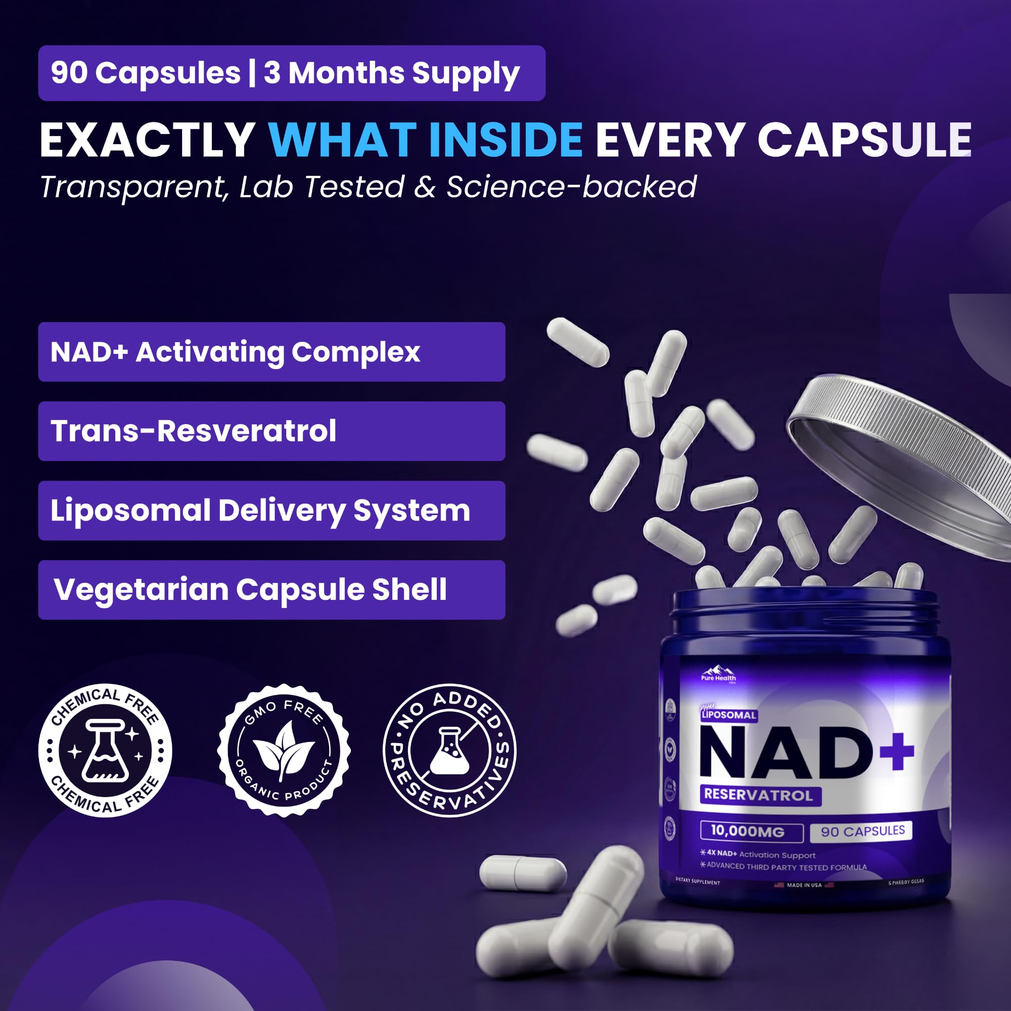PURE HEALTH MAX PHM NAD Resveratrol Supplement - 10,000MG Extra Strength | NAD+ Liposomal Supplements for Men and Women | NMN & NMNH Alternative | 90 Capsules, 1.5 Months Supply PURE HEALTH MAXBuy Supplements Australia
