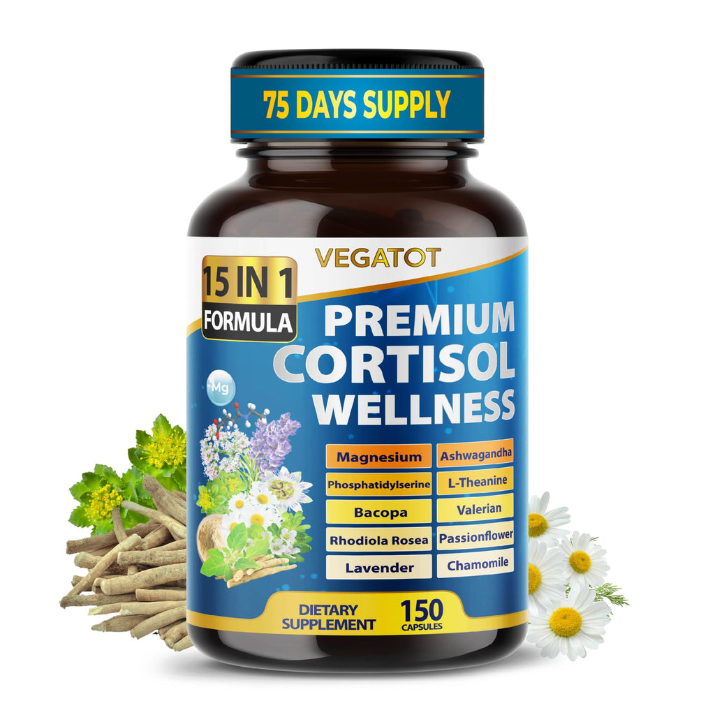 VEGATOT Organic Cortisol Wellness Complex 15-in-1 Formula with Magnesium Ashwagandha St. John's Wort Valerian Rhodiola Rosea Passionflower Chamomile VEGATOTBuy Supplements Australia