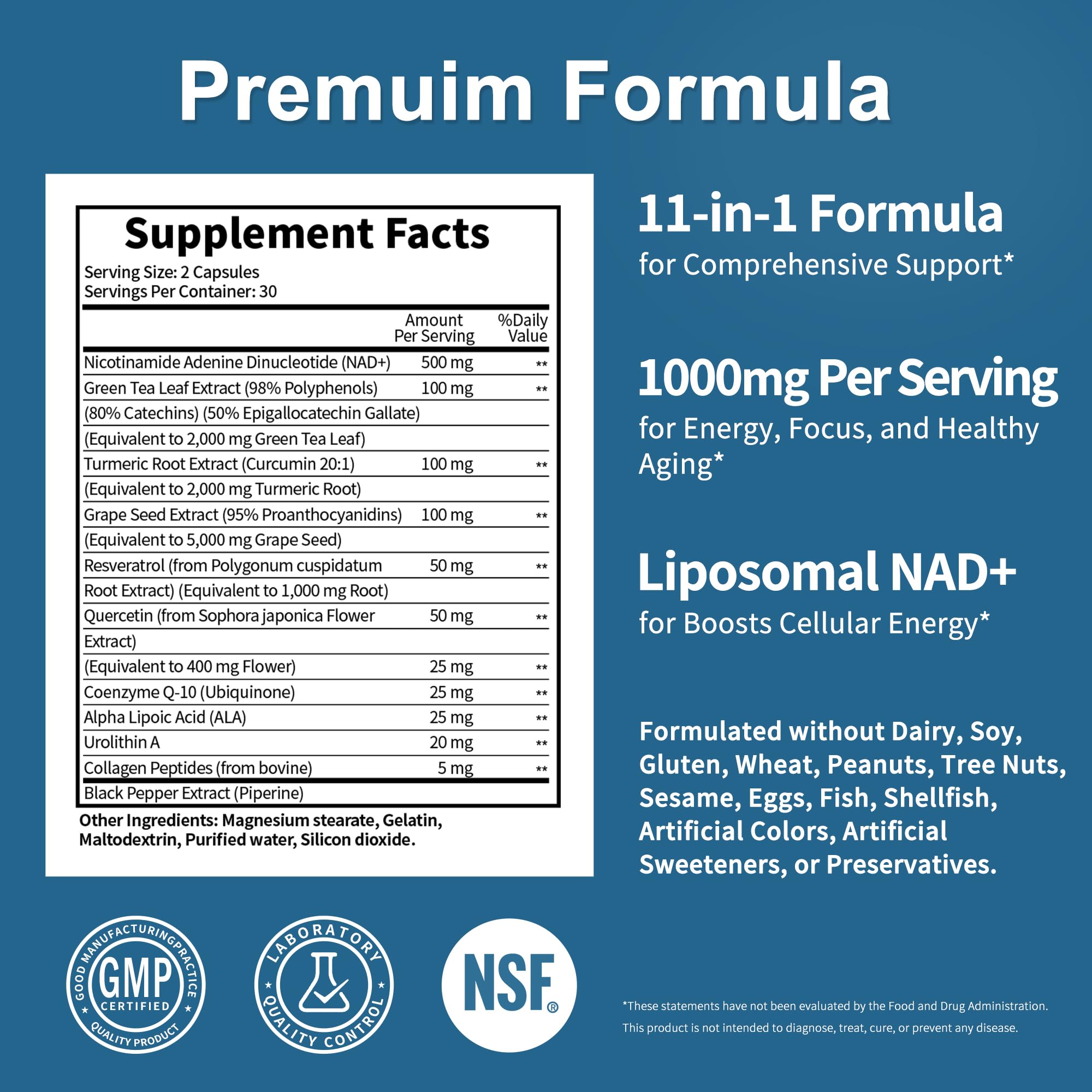 NAD Supplement 11-in-1 Extra Strength – Liposomal NAD with Resveratrol, CoQ10, Urolithin A, ALA & Turmeric – Supports Anti-Aging, Cellular Repair, Energy & Focus – for Women & Men – 60 Capsules JuvaNutraBuy Supplements Australia