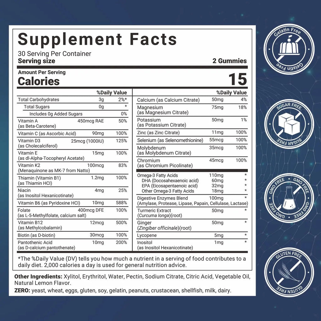 Mens Multivitamins Gummies, Methylated Multivitamin with Vitamins A C D K E, B Complex, Omega-3, Digestive Enzymes, Lycopene Wiszeen