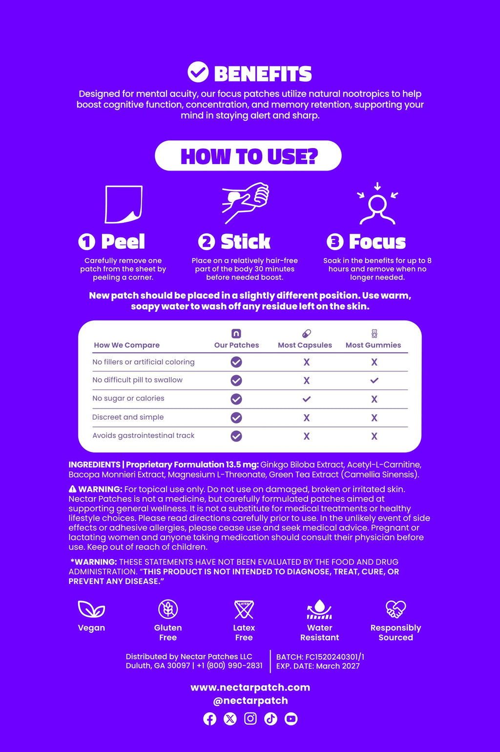 Nectar Focus Patches | Natural Cognitive Support with Ginkgo Biloba, Bacopa & Magnesium for Memory – Mental Clarity Neuro Patches for Work, Study – Clean Plant-Based Nootropic Alternative | 30 Count Nectar PatchesBuy Supplements Australia
