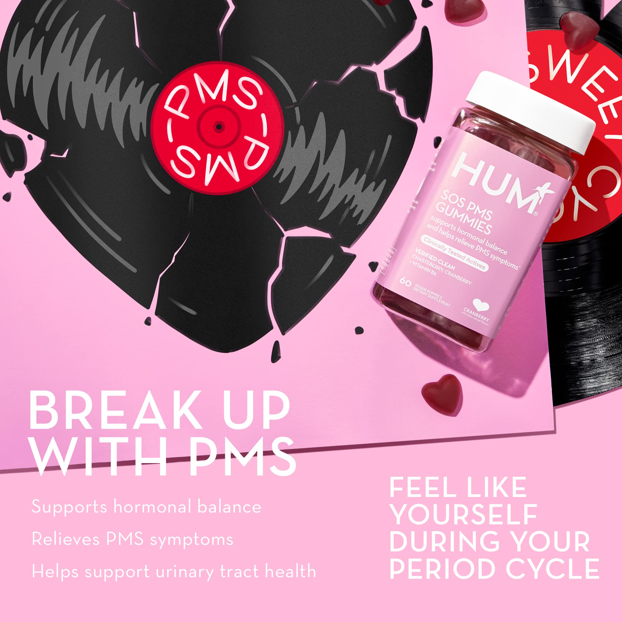 HUM Nutrition SOS PMS Gummies, PMS Support Supplement for Women, Support Cycle Symptoms, Bloating, Hormonal Balance, Includes Vitamin B6, Cranberry & Chasteberry Vitex, Gluten Free, 60 Vegan Gummies HUMBuy Supplements Australia